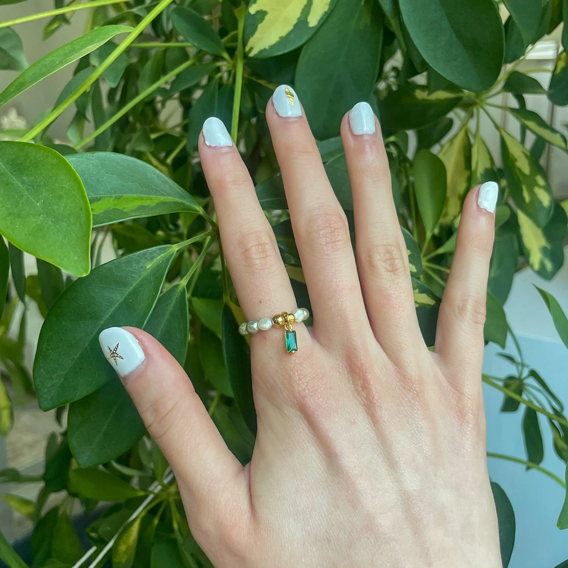 Green Freshwater Pearl & Emerald Charm Ring