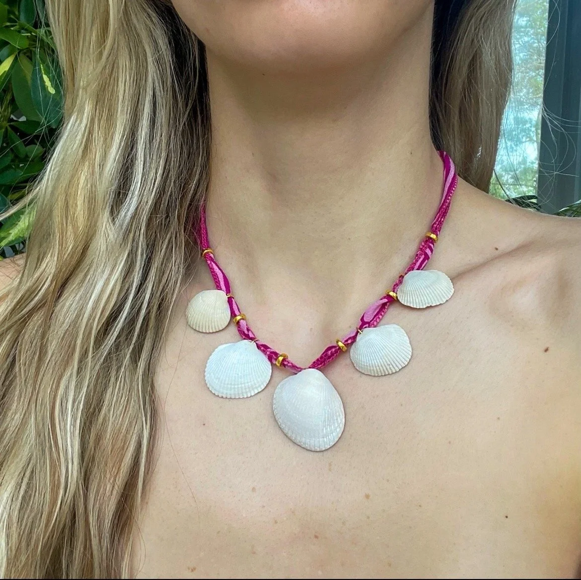 White Shell Pink Silk Ribbon Necklace