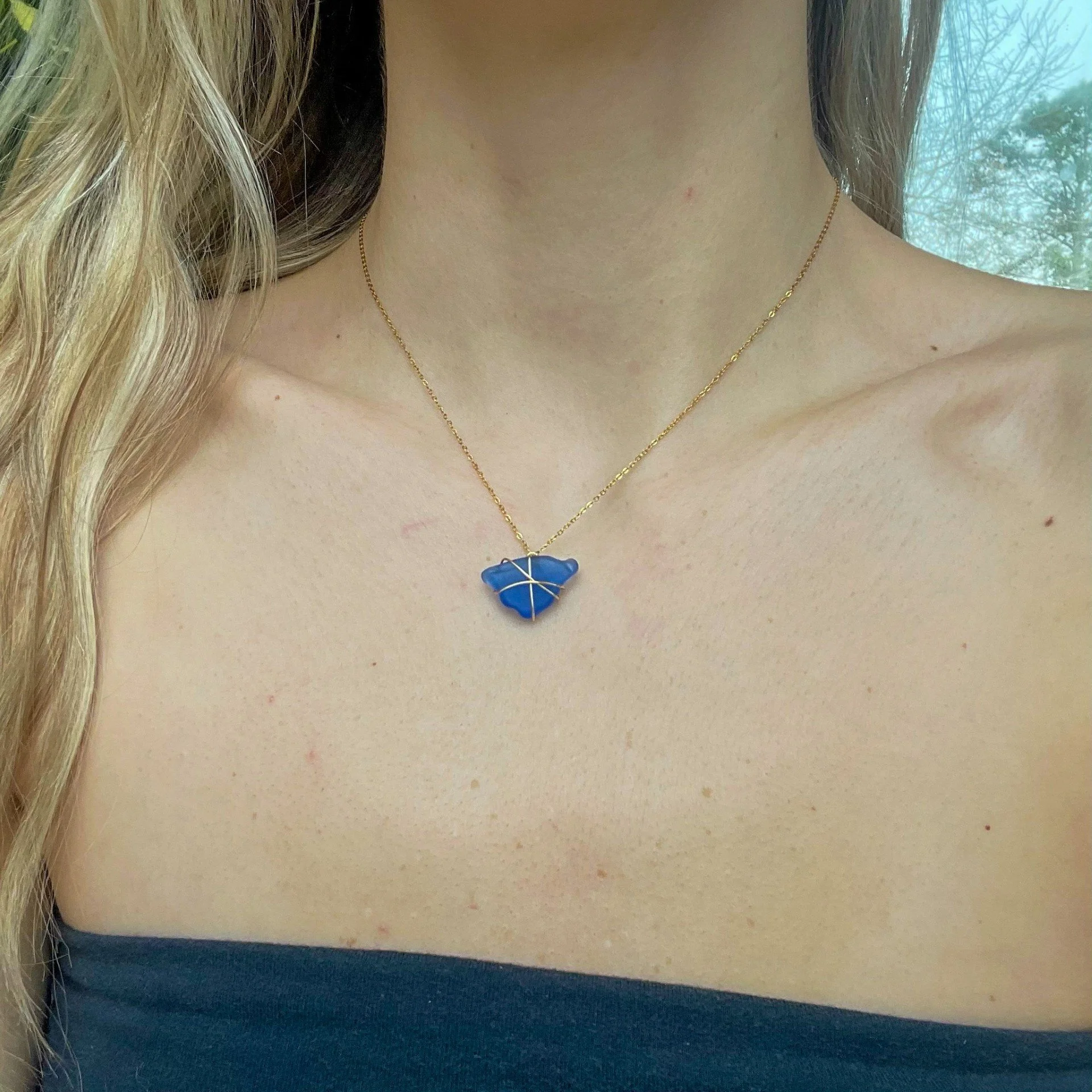 Blue Sea Glass Gold Necklace