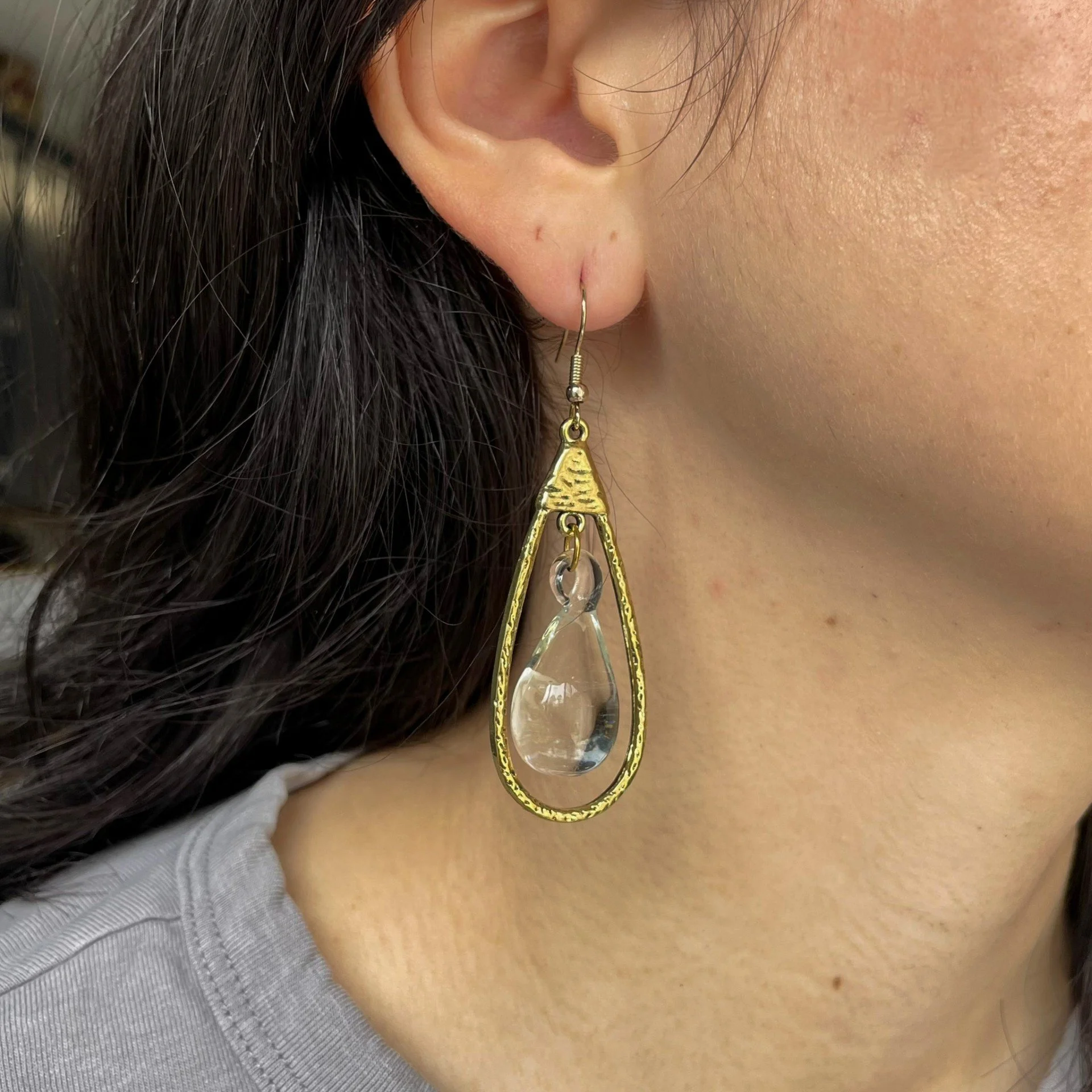 Clear Liquid Teardrop Gold Dangles