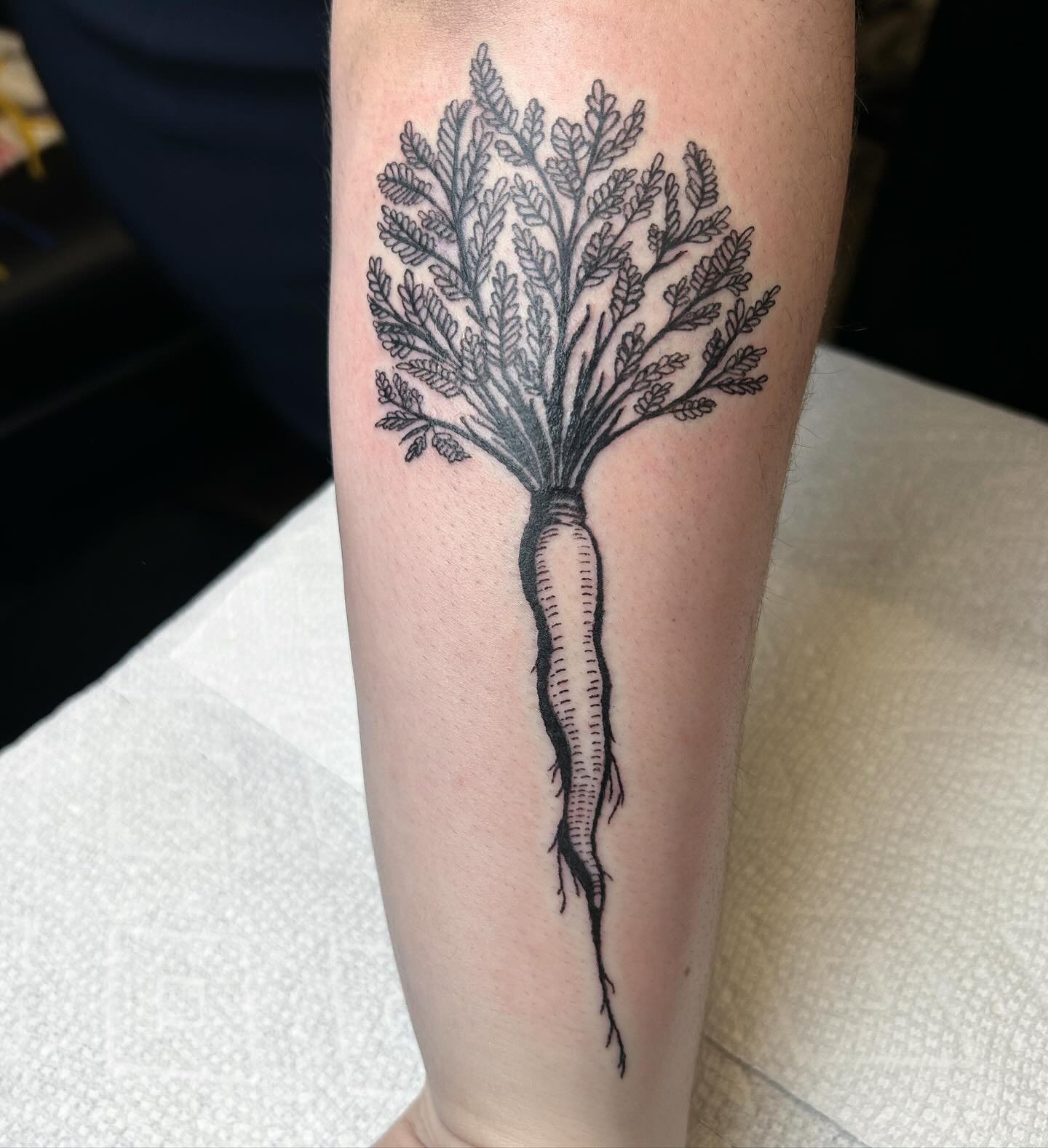 A cuuuutie custom carrot for a very cool client today 🥕🧑&zwj;🌾 October is a busy month and I hope to see you there! Book now 🎃 #tattooapprentice #nashvilletattooartist #blackworktattoo #tattoo