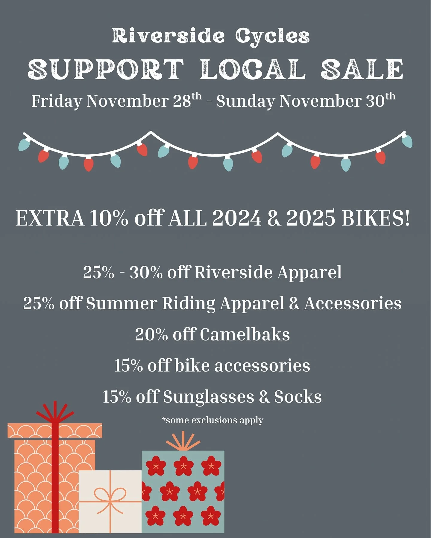 Come and do your shopping locally in Hardwick this year! 

We will have some great deals on bikes and gear, for all the cycling enthusiasts in your life. 

#bikeshop #supportlocal #supportsmallbusiness #hardwickvt #keepitlocal #riversidecycles