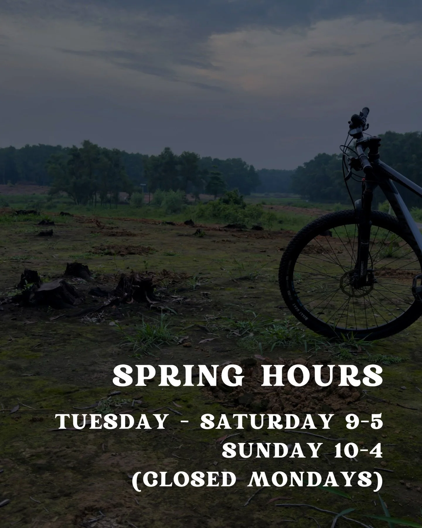 The sun&rsquo;s out longer, so we are too ☀️

Starting this week we&rsquo;re open more days to keep up with your spring riding energy! 

Tuesday-Saturday: 9-5
Sunday: 10-4

Pop in, say hi, and let&rsquo;s get those wheels spinning 🚴&zwj;♀️
#Riversid