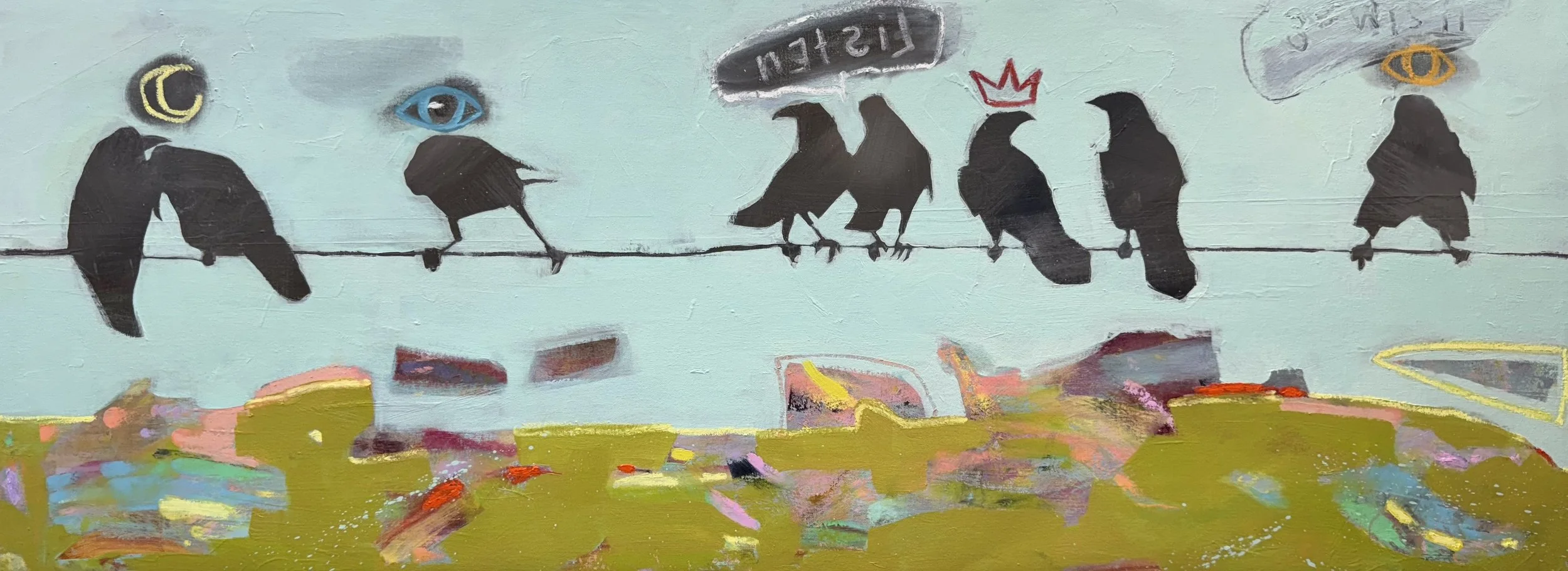 Cronies on a Wire No. 2 
 48" x 18"  
 $000  
 Available at Sadler Gallery 