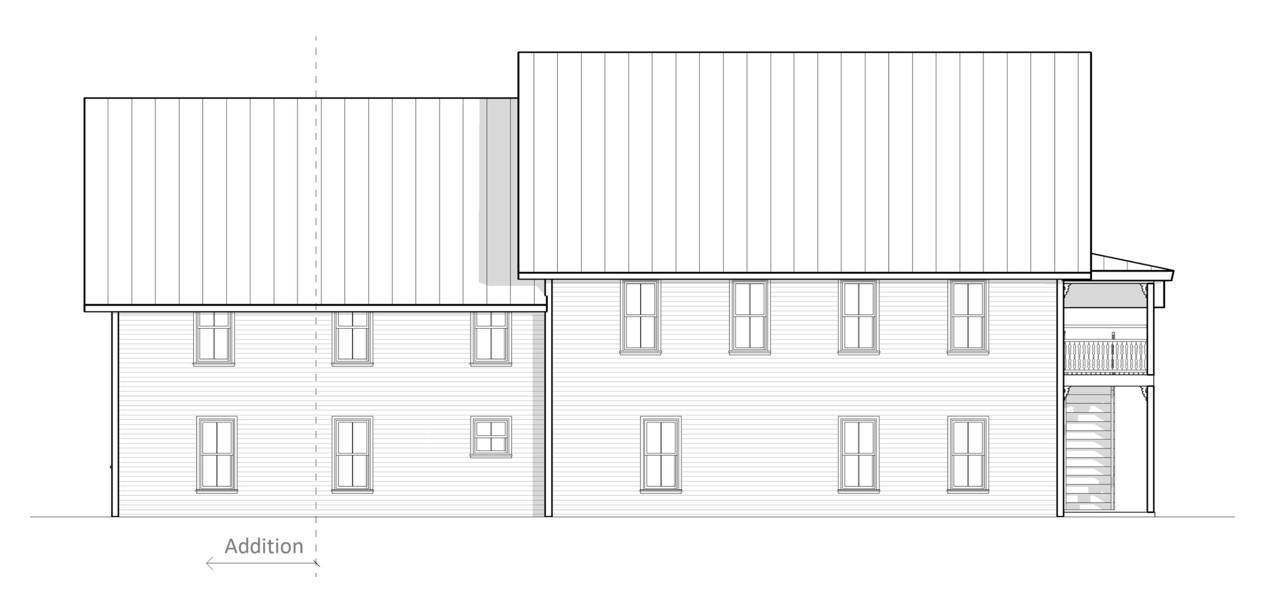 Architectural drawing of a house rear elevation with addition on the left side, showing multiple windows, a staircase, and a balcony.
