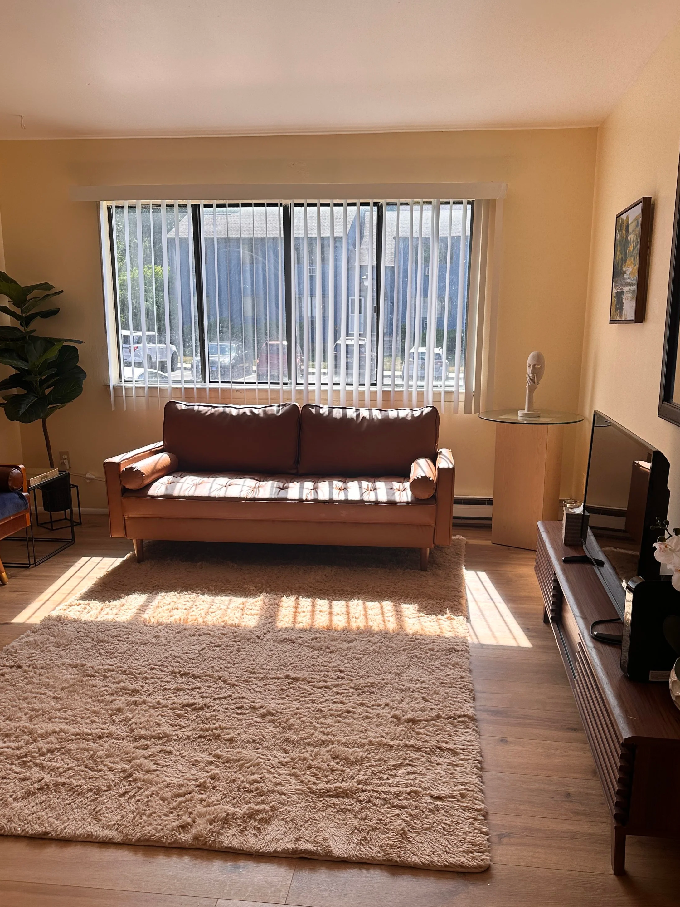 Bright living room with large window with vertical blinds, brown sofa, beige shaggy rug, and wooden furniture.