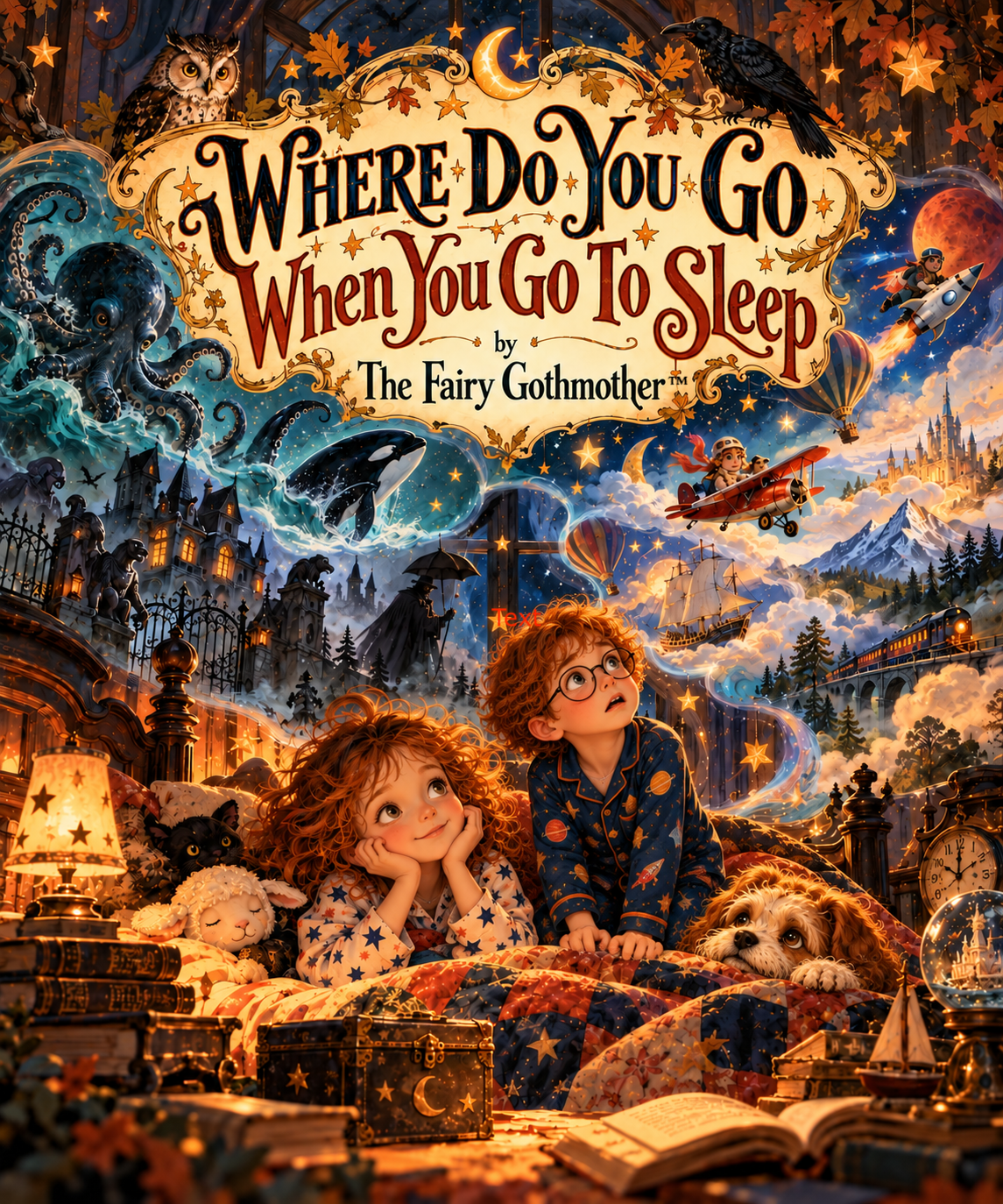 Where Do You Go When You Go To Sleep book cover featuring two children in bed about to go to sleep with a fantastical scene above them