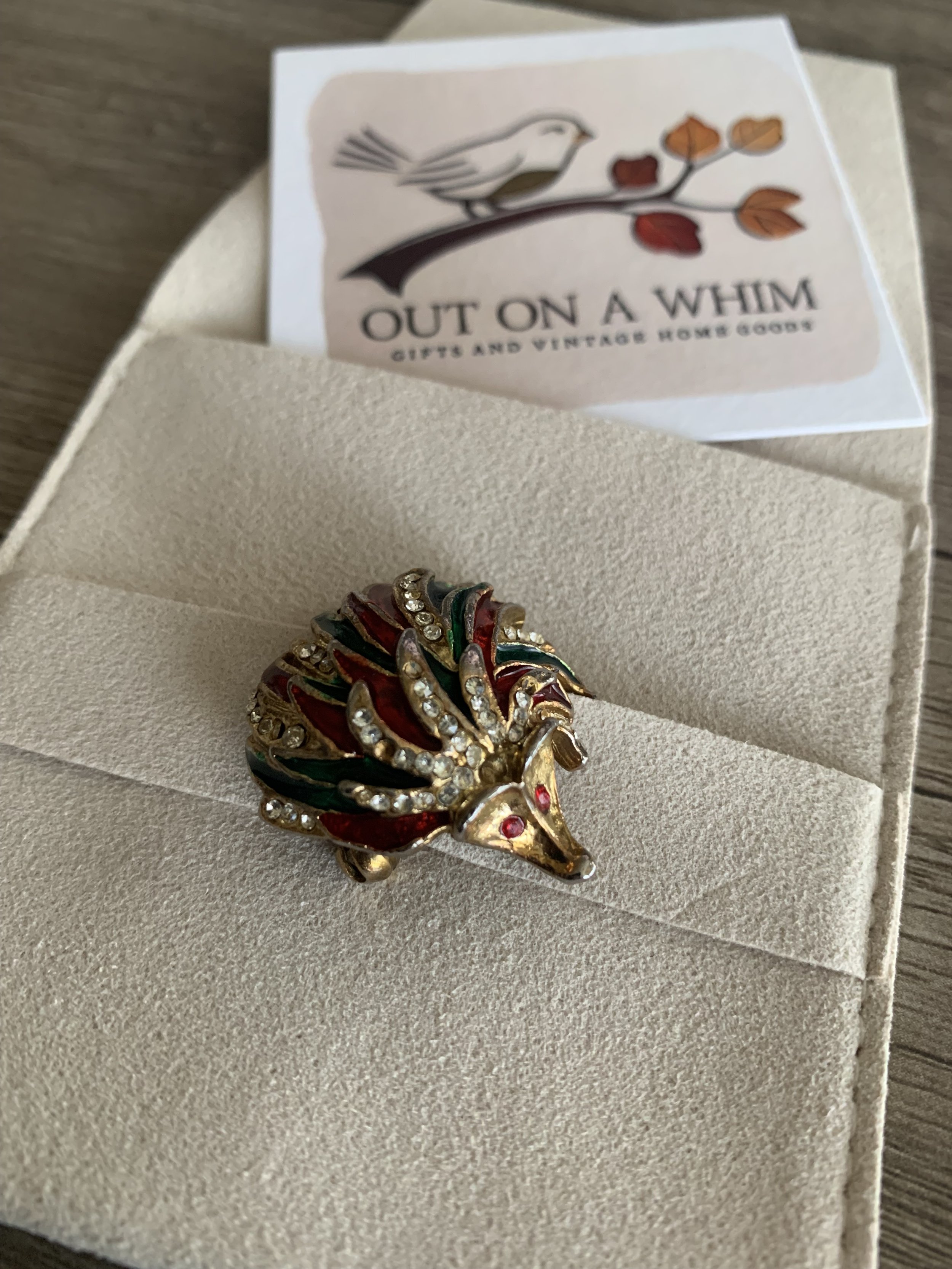 Vintage Red and Green Enamel Hedgehog Brooch with Rhinestones