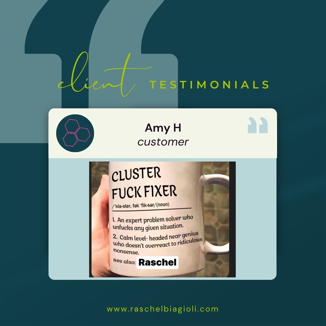 Testimonial Spotlight ✨

Amy recently tagged me in a photo with this caption:
'Cluster fuck fixer, an expert problem solver who untucks any given situation. Calm, level-headed near genius who doesn&rsquo;t overreact to ridiculous nonsense. Also see: 