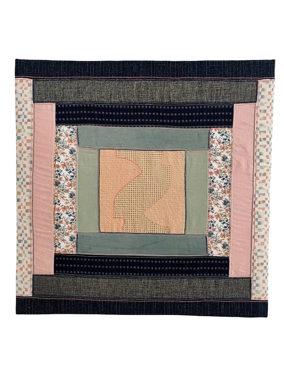 A patchwork quilt with various colored fabric sections, including pink, navy, floral, gray, and beige, arranged in a rectangular pattern. The center is two women facing each other upside down. The image is created using sashiko embroidery.