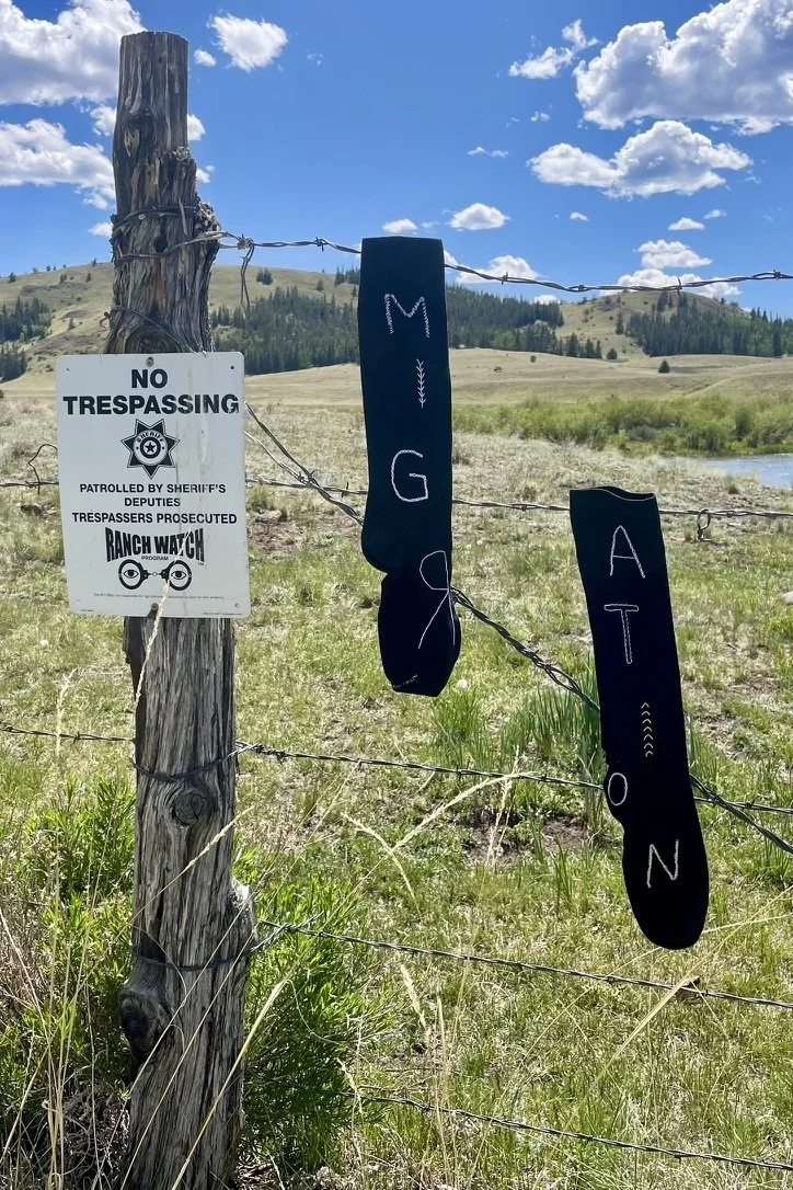 Vintage men's dress socks with embroidery that says 'MIGRATION' hanging on a barbed wire fence with black and white signs. This land art is set against grassy fields, distant hills, and a partly cloudy sky.