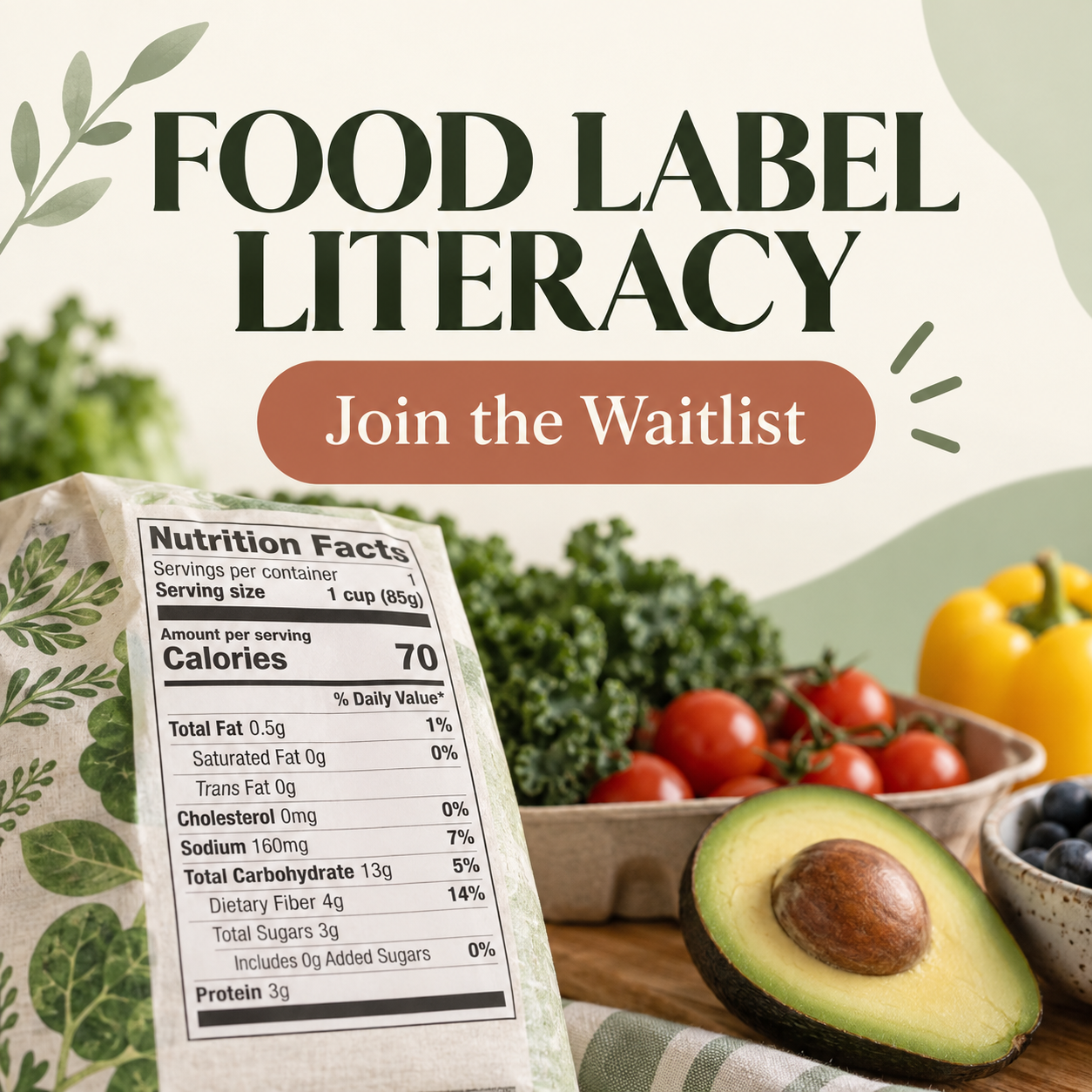 Food Label Literacy class waitlist with a nutrition facts label and fresh produce
