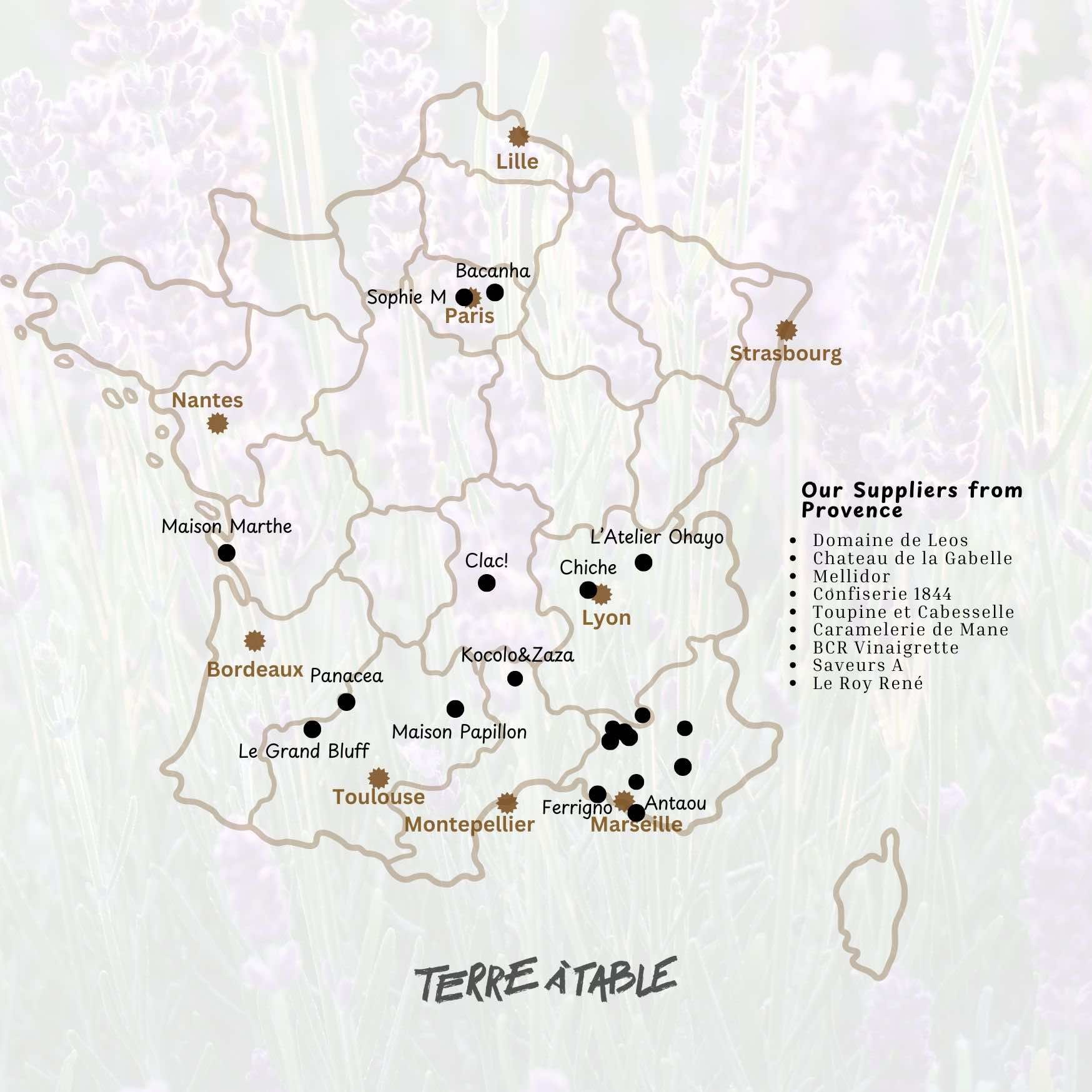 Map of France with Artisans at Terre à tabgle