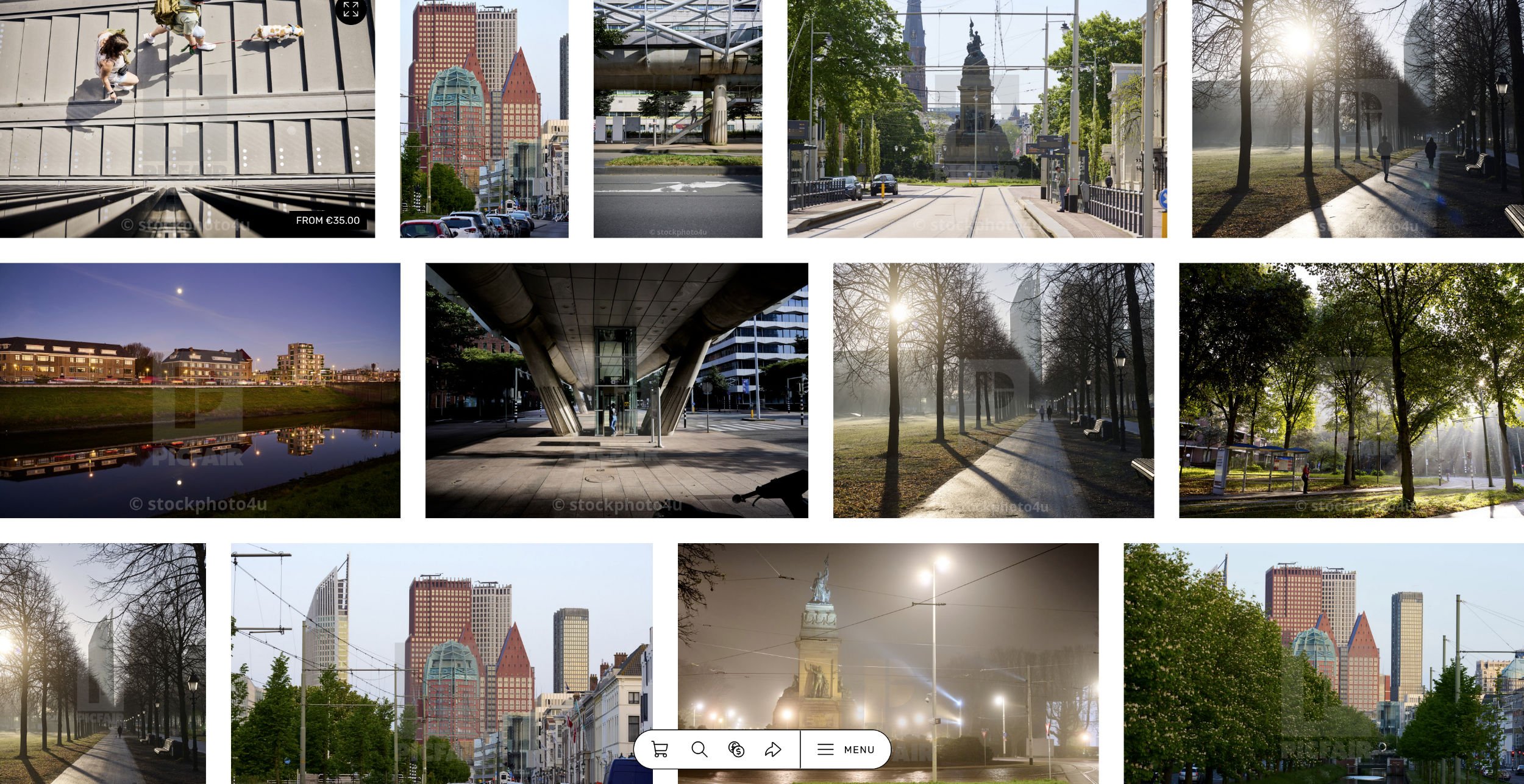 screenshot van een stockfoto website met diverse foto's van Den Haag