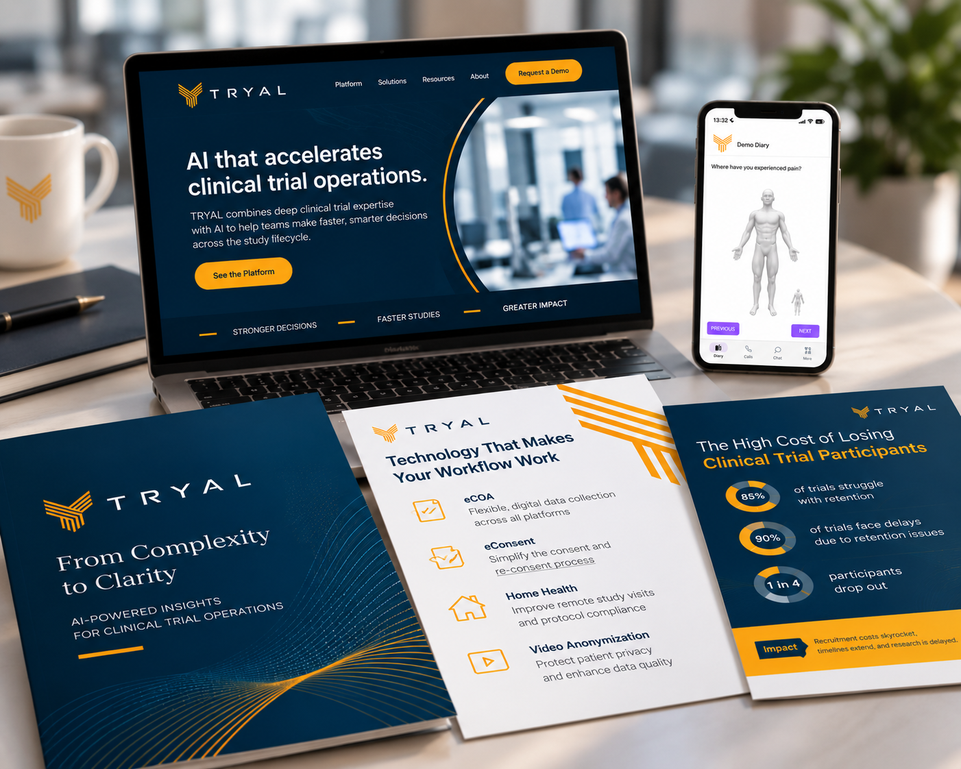 Open laptop with a website about clinical trial operations, a smartphone with a health app, and printed brochures about trial technology and participant challenges on a desk.