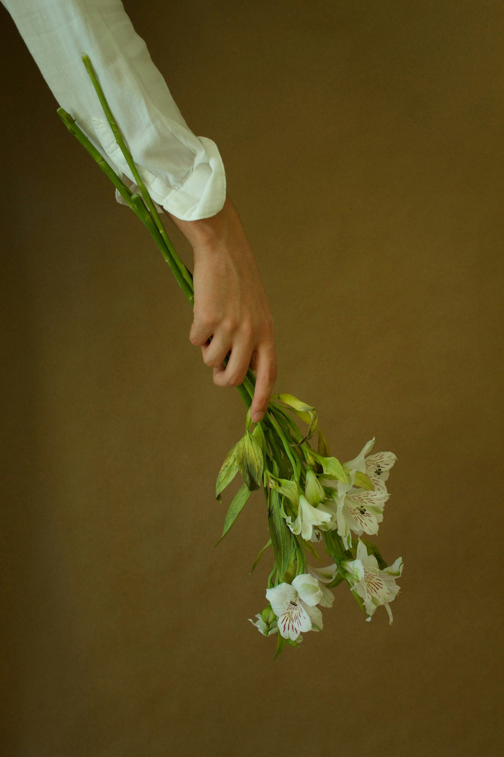 A soothing therapeutic image of a hand holding a bouquet of white lilies and green stems against a plain brown background in orange county.