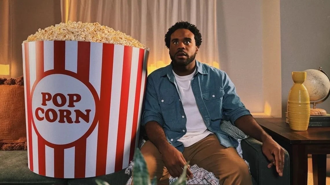 A man sitting on a couch with a giant tub of popcorn next to him in a living room setting.