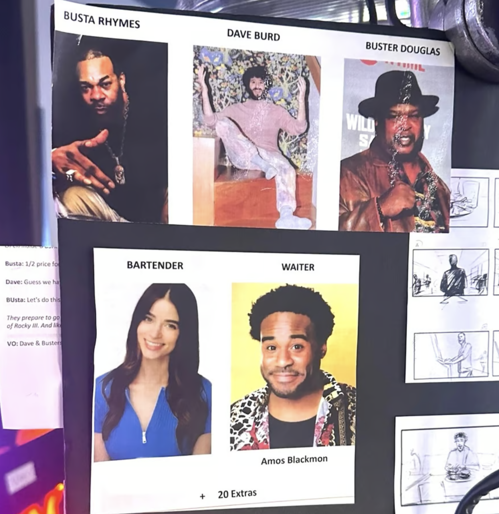 Photographs of three performers, Busta Rhymes, Dave Burd, and Buster Douglas at the top, and images of a woman labeled as bartender and a man labeled as waiter, below.