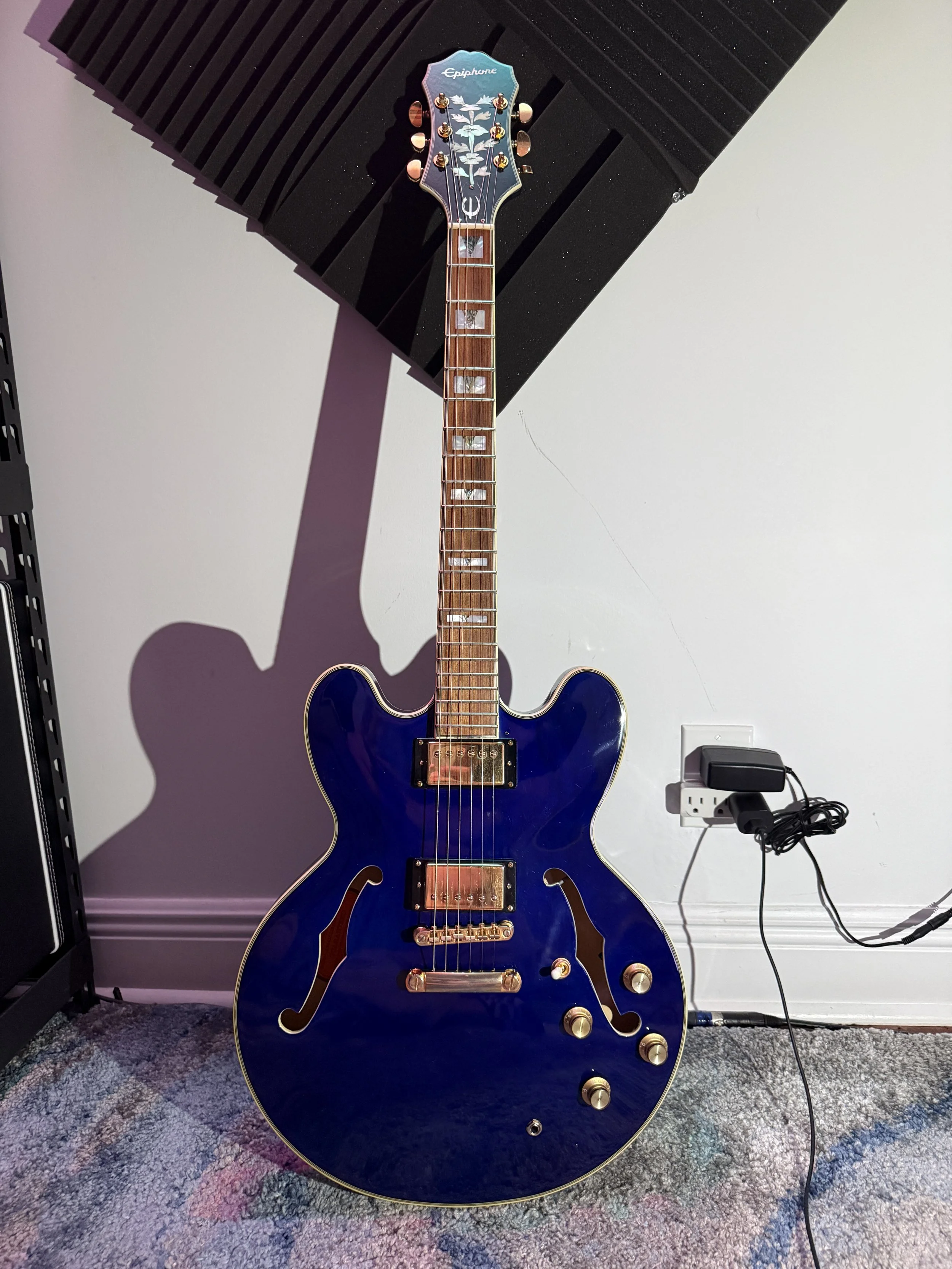 Name: King |
Model: Epiphone Sharaton II 2019? |
Finish: Royal Blue |
Background: One of my dream guitars since seeing the "Lazy Eye" video by Silversun Pickups in high school, I played on dozens of these before I found the one I love. You'll see thi