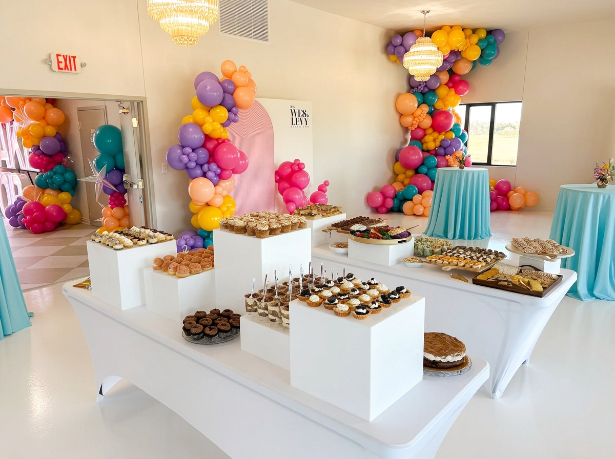 Dessert table decorated with colorful balloons, including cupcakes, cookies, and cake, at a celebration or party featuring pastel-colored tables and a pink backdrop.
