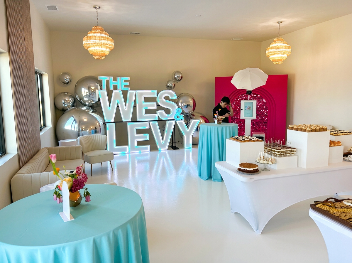 Decorated event space with a neon sign reading 'The Wes & Levy', tables with desserts, balloons, and decorative lighting.