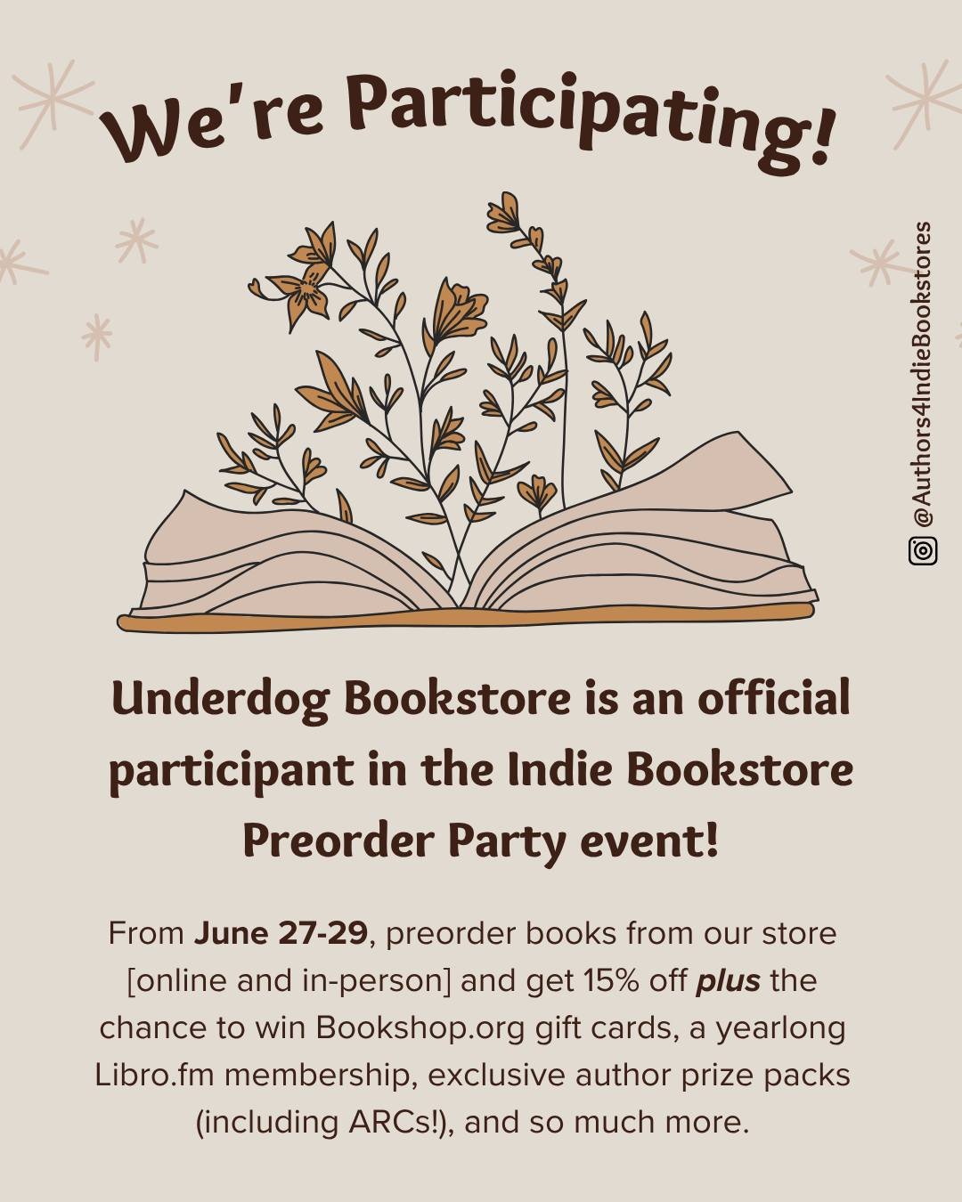 We're joining the Indie Bookstore Preorder Party event with @authors4indiebookstores! 

From June 27-29, preorder books from our store (online and in-person) and get 15% off plus the chance to win @bookshop_org gift cards, a yearlong @librofm members