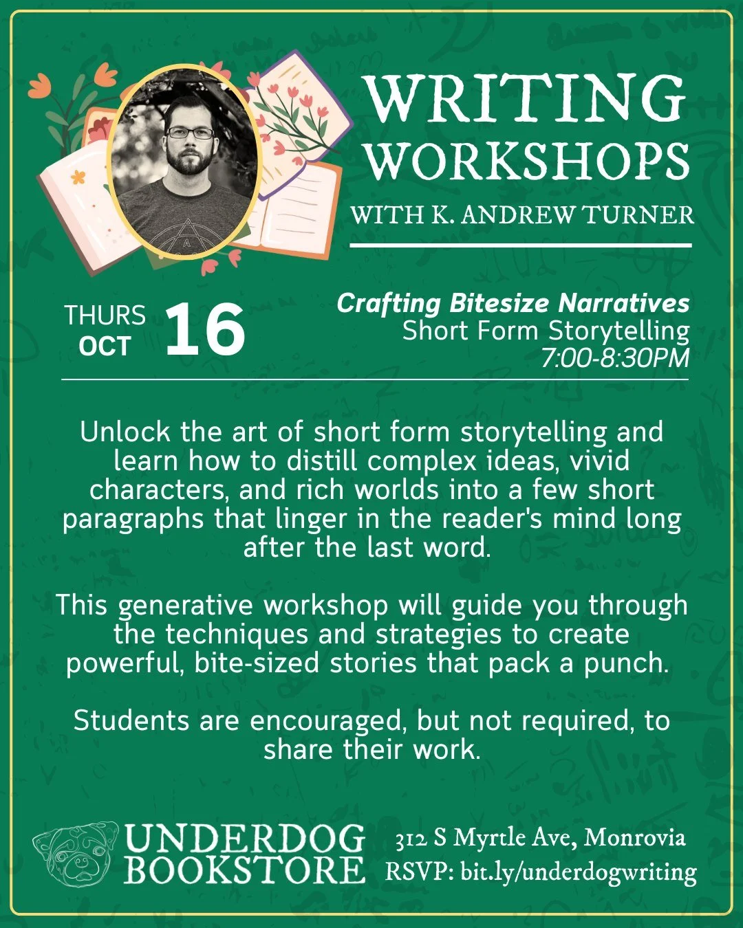 Next up in the Underdog Writing Workshops series with @kandrewturner: Crafting Bitesize Narratives! 📝
 
Unlock the art of short form storytelling and learn how to distill complex ideas, vivid characters, and rich worlds into a few short paragraphs t