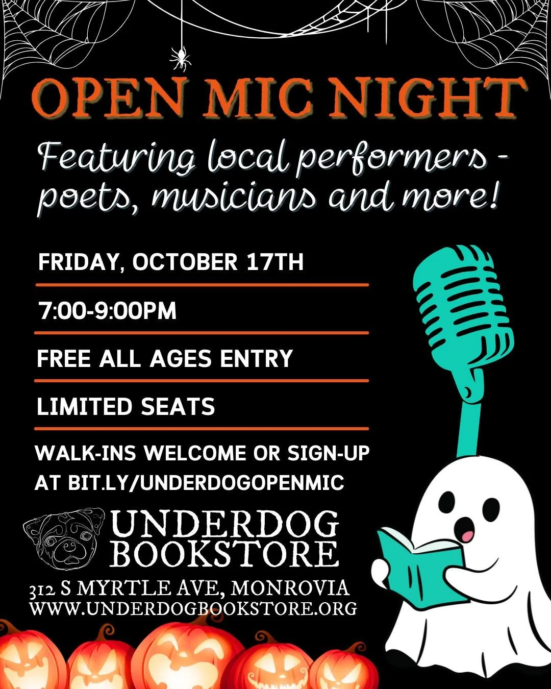 🎃 Calling all performers for a spooky season Open Mic Night! 

Prepare your best spine-chilling writing, haunting music and more as we celebrate the creative talents of our local gays and ghouls 👻

🗓️ Friday, October 17, from 7-9PM
📍 312 S. Myrtl