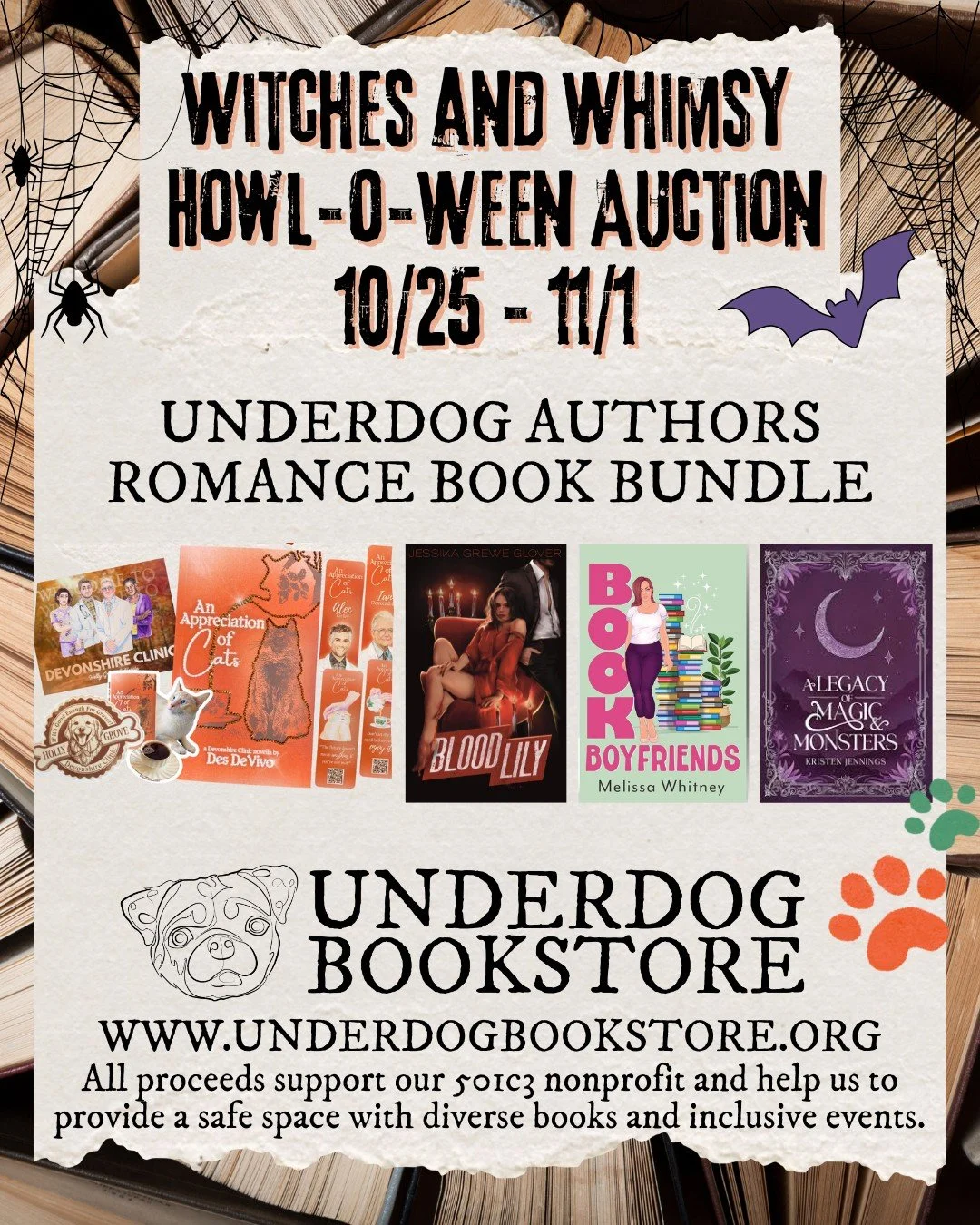 Books for a cause! Check out some of the fantastic book bundles available in our Witches & Whimsy How-o-Ween Auction 📚🏳️‍🌈👻
#IndieBookstore #BookBundles #SignedBooks #RomanceBooks #WitchyBooks #TransBooks #ThrillerBooks #QueerBooks #Fant