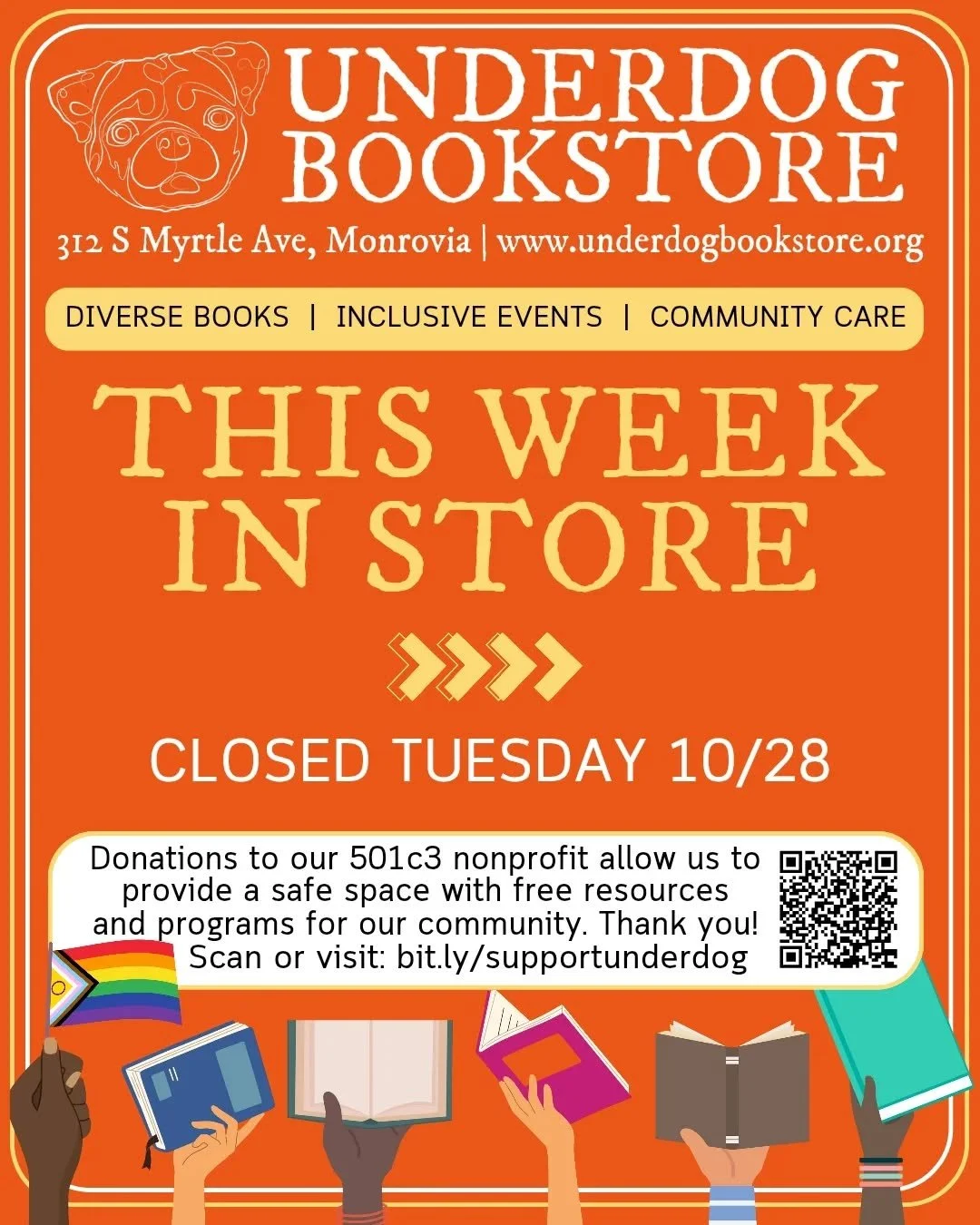 We are closed this Tuesday, but you can always shop with us online through @bookshop_org and @librofm 📚🏳️‍🌈👻 
💛 Tuesday: Store Closed 
7PM: Dark Olympus Book Club 
📍@mtlowebrewing   
🧡 Wednesday: 10AM-8PM 
6PM: L