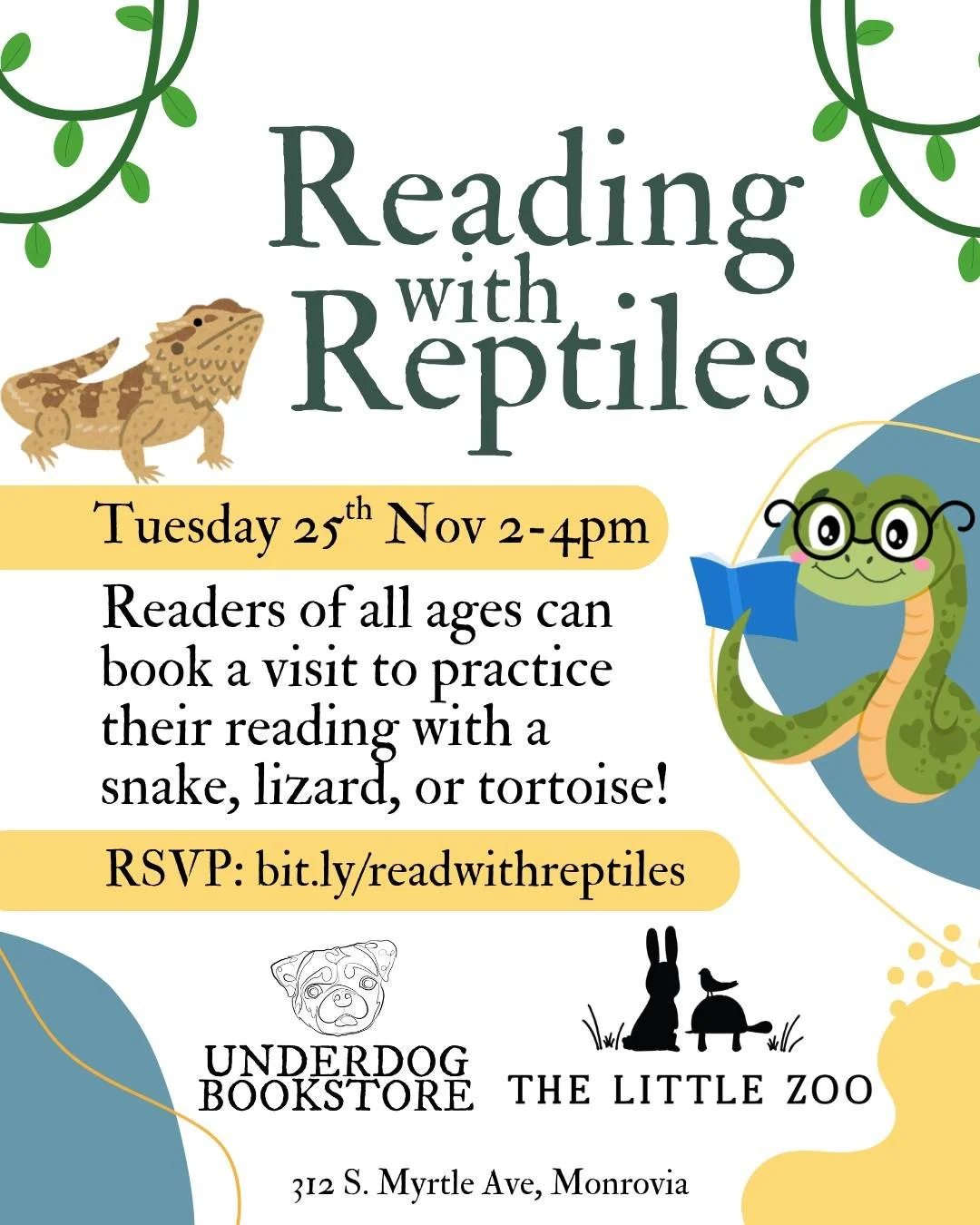 Join us on Tuesday, November 25th for another Reading with Reptiles! 🐍🦎🐢

@thelittlezoofamily will be bringing snakes, lizards and tortoises for you to meet and read to at @underdogbookstore.

RSVP required. Readers of all ages are invited to book