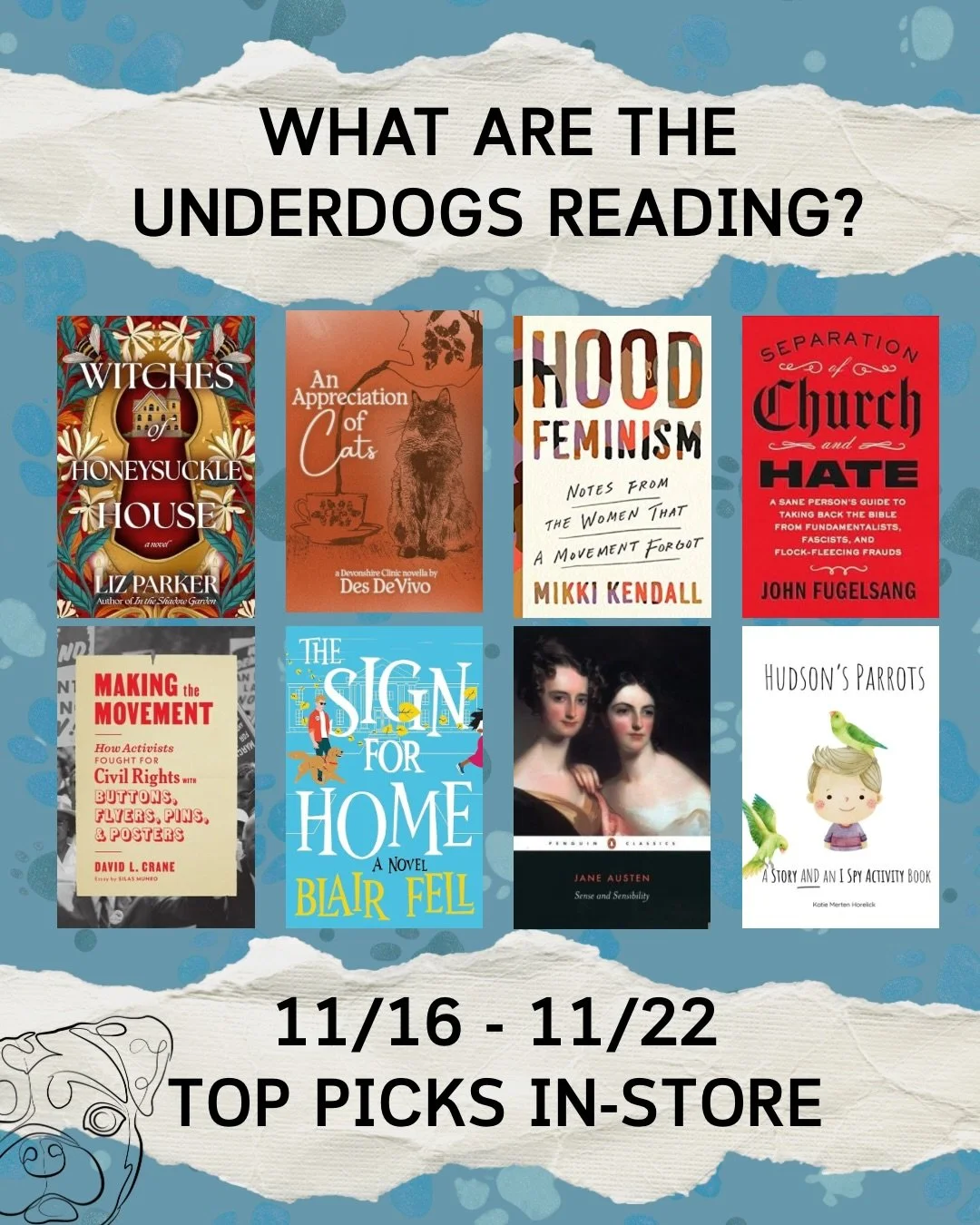 What are the underdogs reading? Here&rsquo;s your top picks this week from in-store and online at @librofm and @bookshop_org 📚🐶🏳️&zwj;🌈

Slide 1: Books purchased in store

WITCHES OF HONEYSUCKLE HOUSE @lizparkerwrites

AN APPRECIATION OF CATS @de