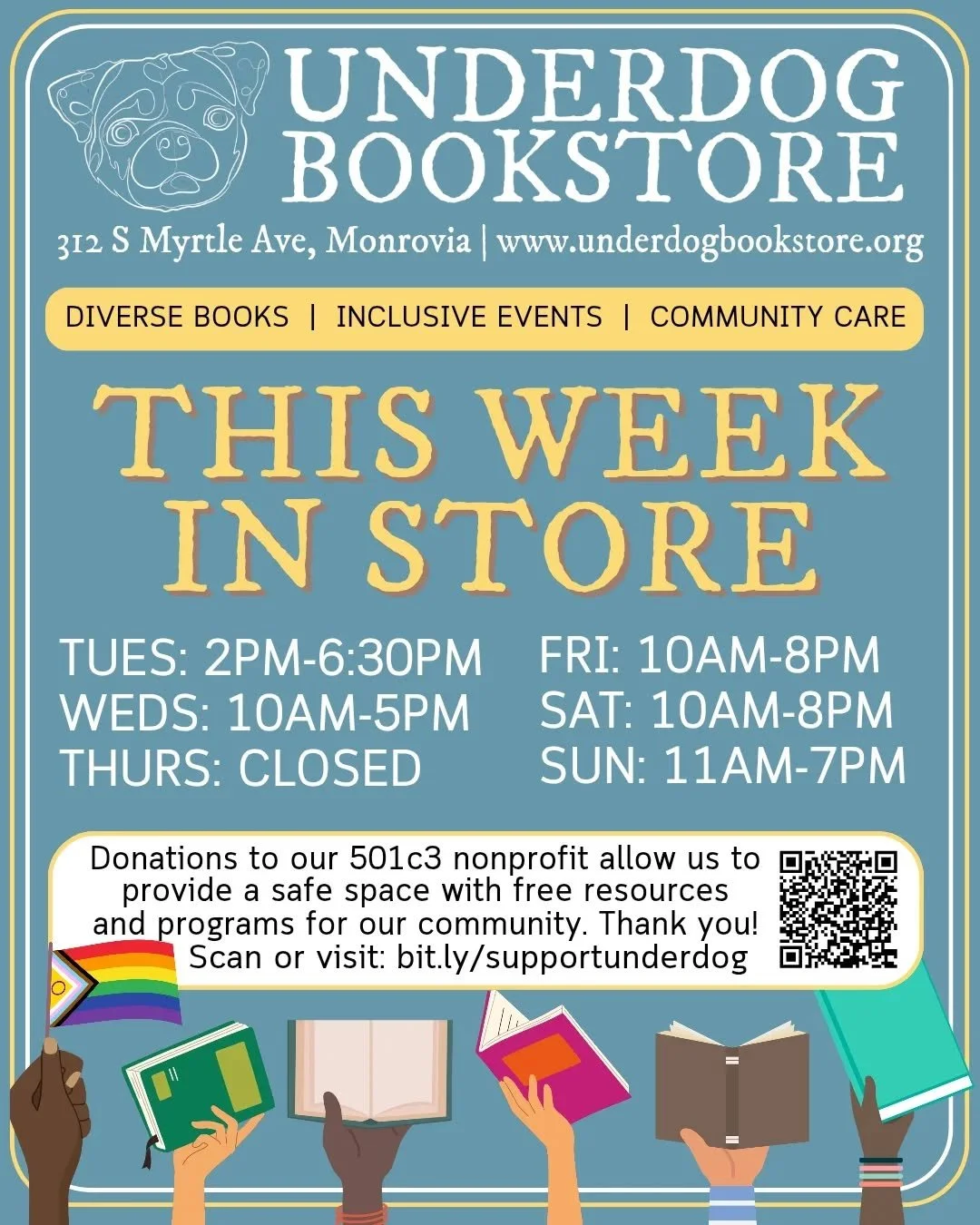 Shop small and support indie, Underdogs! 📚🏳️&zwj;🌈🐶

💛 Tuesday: 2PM-6:30PM&nbsp;
2PM: Reading with Reptiles: SOLD OUT&nbsp;
7PM: Dark Olympus Book Club 🍻
📍@mtlowebrewing&nbsp;

🧡 Wednesday: 10AM-5PM&nbsp;

❤️ Thursday: CLOSED

💚 Friday: 10AM
