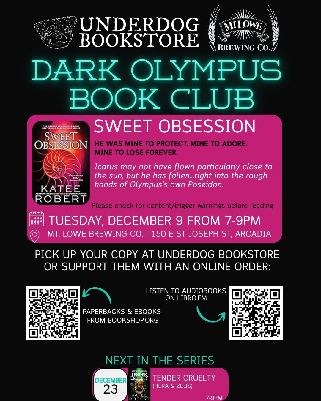We're almost at the end of the Dark Olympus Book Club! 📚

Our final meetings at @mtlowebrewing are Tuesdays 12/9 and 12/23. 

Join us for book talks and brews, whether you've read all, some, or none of the series. All are welcome to grab a drink, te
