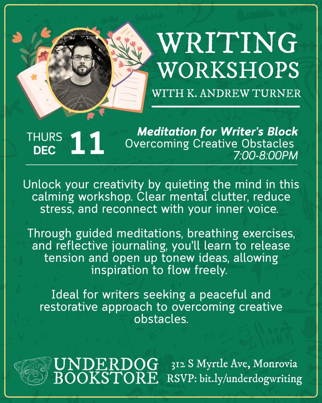 It's the last of our 2025 Writing Workshops series: Meditation for Writer's Block! 

Unlock your creativity by quieting the mind in this calming workshop. Clear mental clutter, reduce stress, and reconnect with your inner voice. 

Through guided medi