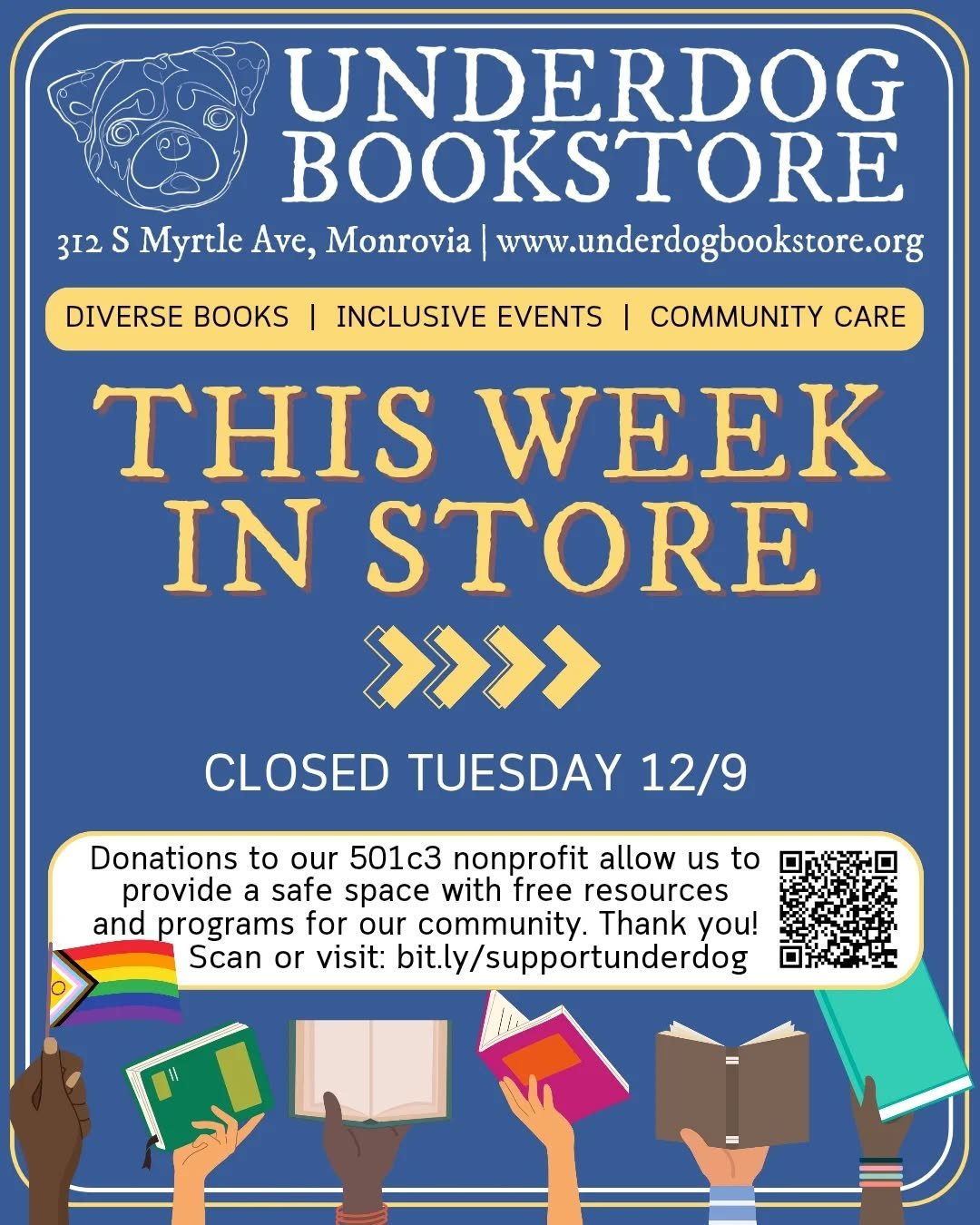 Shop, read, write or gather in community 📚🏳️&zwj;🌈🐶

💛 Tuesday: CLOSED 
7PM: Dark Olympus Book Club 🍻
📍@mtlowebrewing 

🧡 Wednesday: 10AM-6:30PM 

❤️ Thursday: 10AM-6:30PM
7PM: Meditation for Writer's Block with @kandrewturner 

💚 Friday: 10
