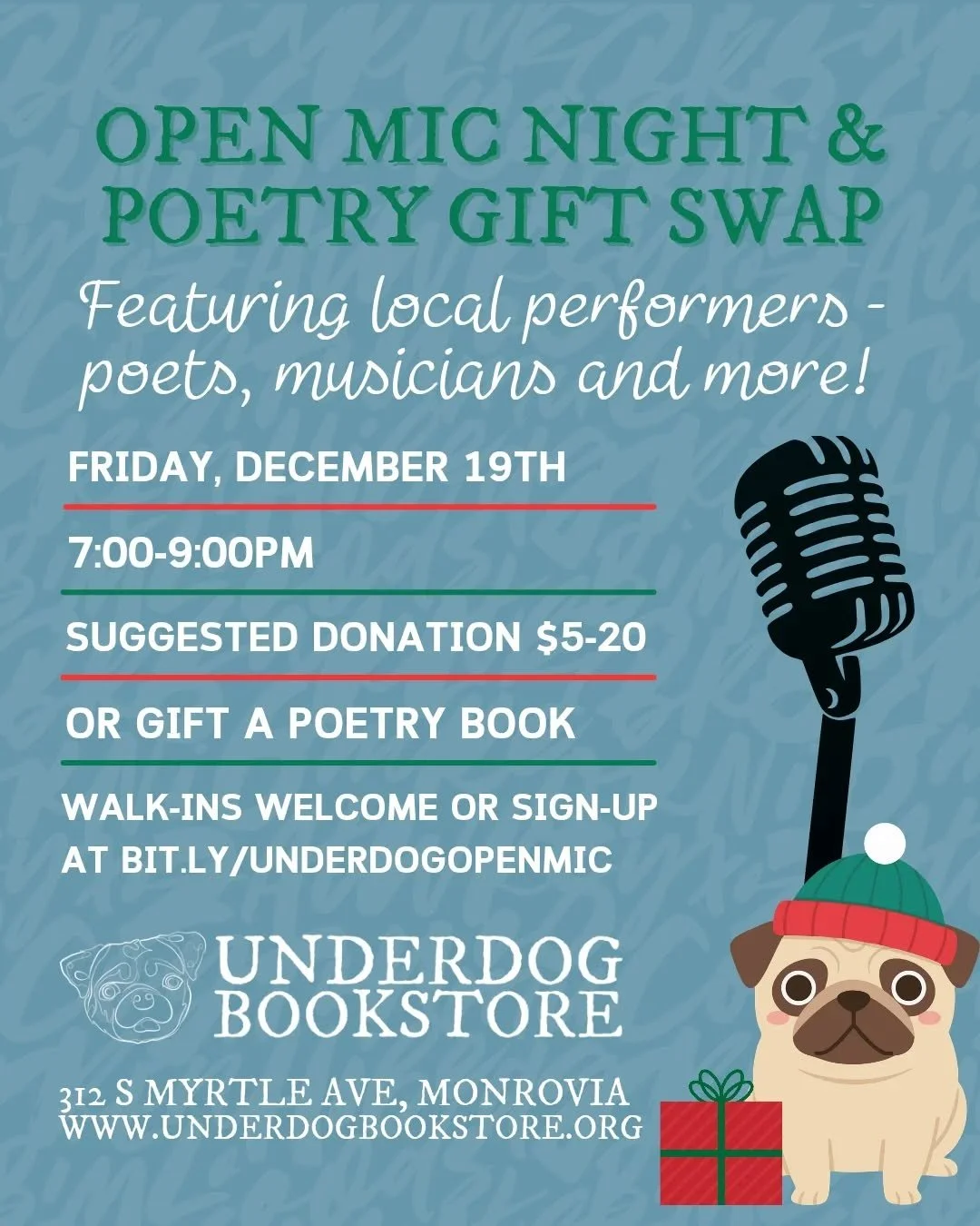 Poetry, music, storytelling and more at Underdog's Open Mic Night! 

Join us on the third Friday of every month at Underdog Bookstore to showcase and celebrate the creative talents of our local community. 

This month we invite you to participate in 