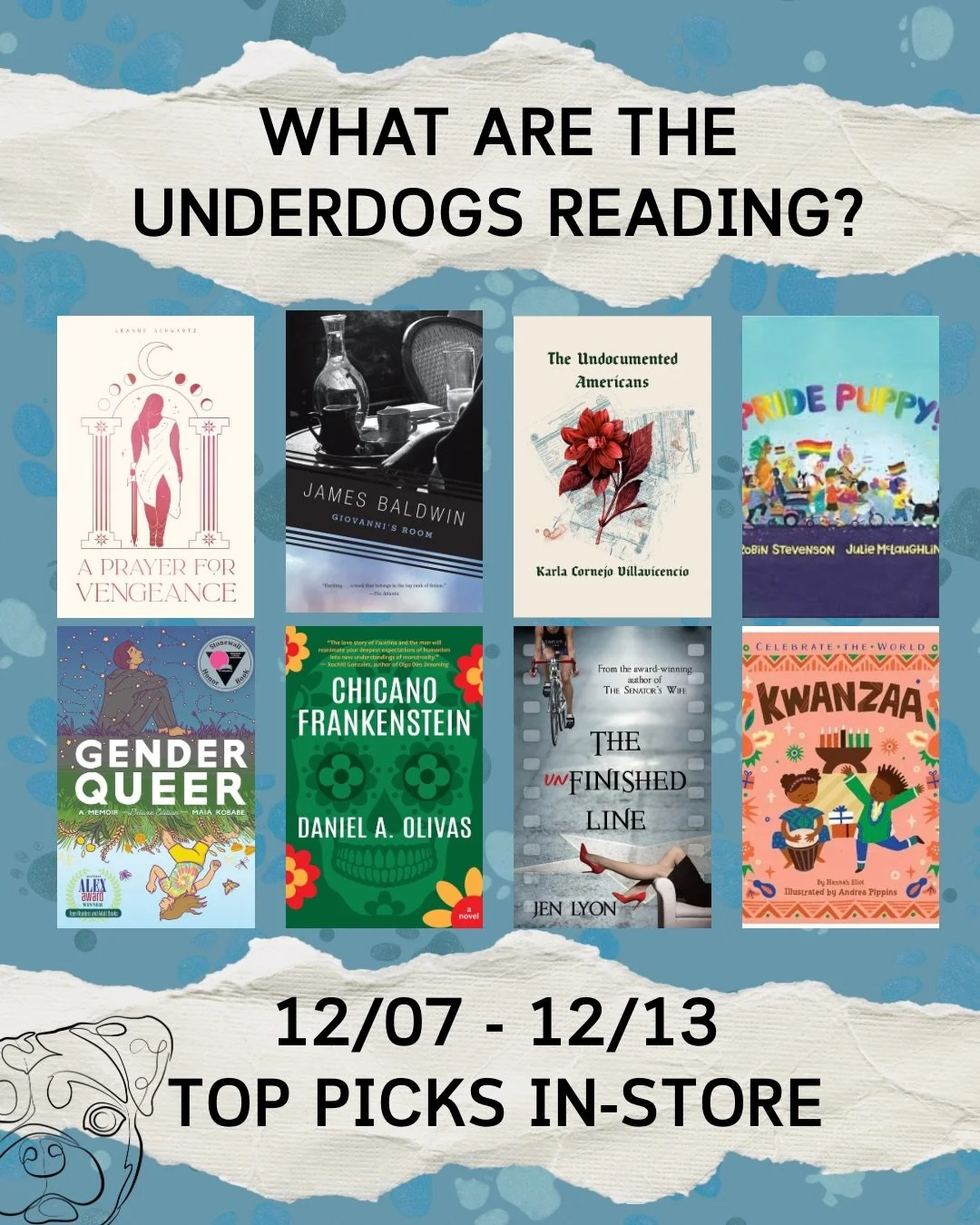 What are the Underdogs reading?
Here&rsquo;s your top picks this week from in-store and online at @librofm and @bookshop_org 
📚🏳️&zwj;🌈🐶
 
Slide 1: Top Picks in Store 

A PRAYER FOR VENGEANCE by Leanne Schwartz @schwartzwords

GIOVANNI&rsquo;S RO