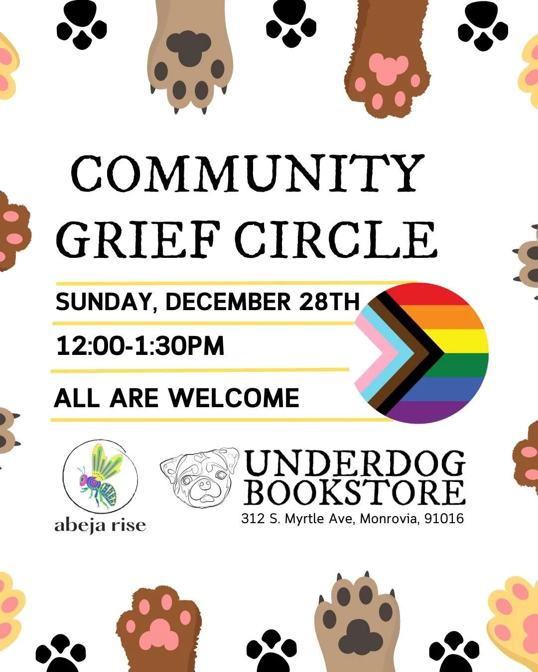 Join Jen Venegas, death doula and grief worker, for our monthly Community Grief Circle at Underdog Bookstore. This is a place where you can be held in community and hold others through our collective and individual grief. 

This supportive space is o
