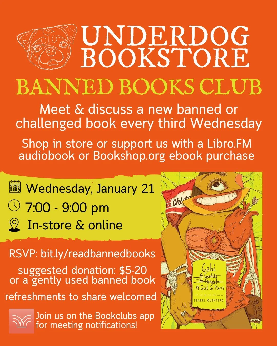 Our January Banned Books Club pick is Gabi, a Girl in Pieces by Isabel Quintero - who will also be joining the conversation! 

Told through the diary entries and poetry of Gabi Hernandez, a Mexican-American high school senior navigating family issues