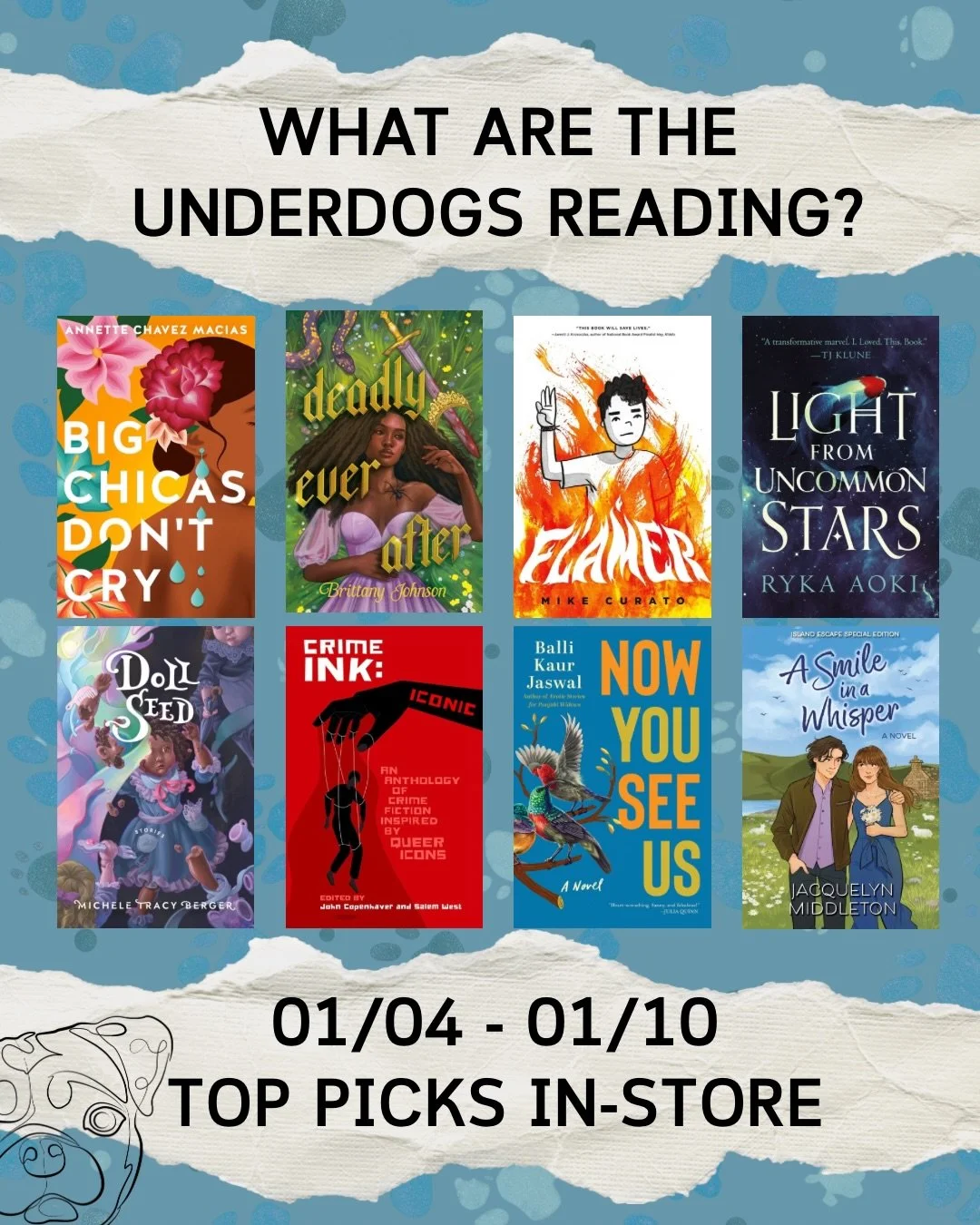 What are the Underdogs reading?
Here&rsquo;s your top picks this week from in-store and online at @librofm and @bookshop_org
📚🏳️&zwj;🌈🐶
 
Slide 1: Top Picks in Store 

Big Chicas Don&rsquo;t Cry by Annette Chavez Macias @authorannette

DEADLY EVE