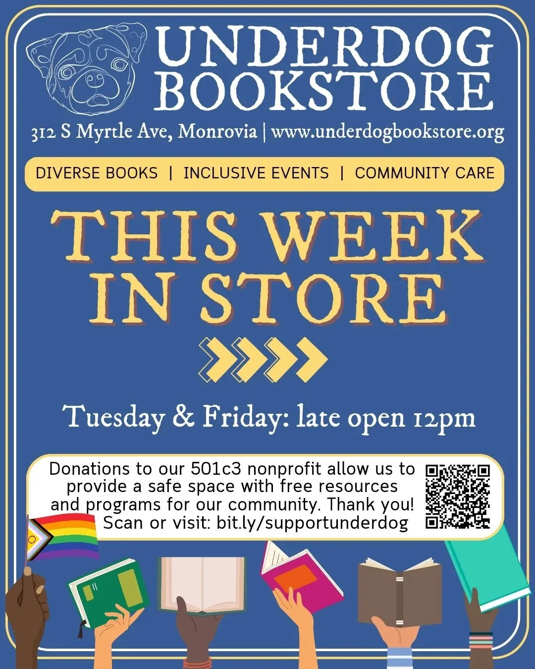 Join us for tarot, poetry, crochet, pottery and more this week in store 📚🏳️&zwj;🌈🐶

💛 Tuesday: 12PM-7PM

🧡 Wednesday: 10AM-8PM 
6PM: Intuitive Tarot Reading 101 ($33) with @tarot.with.nikki.nyx

❤️ Thursday: 10AM-8PM
7PM: How to Perform Poetry 
