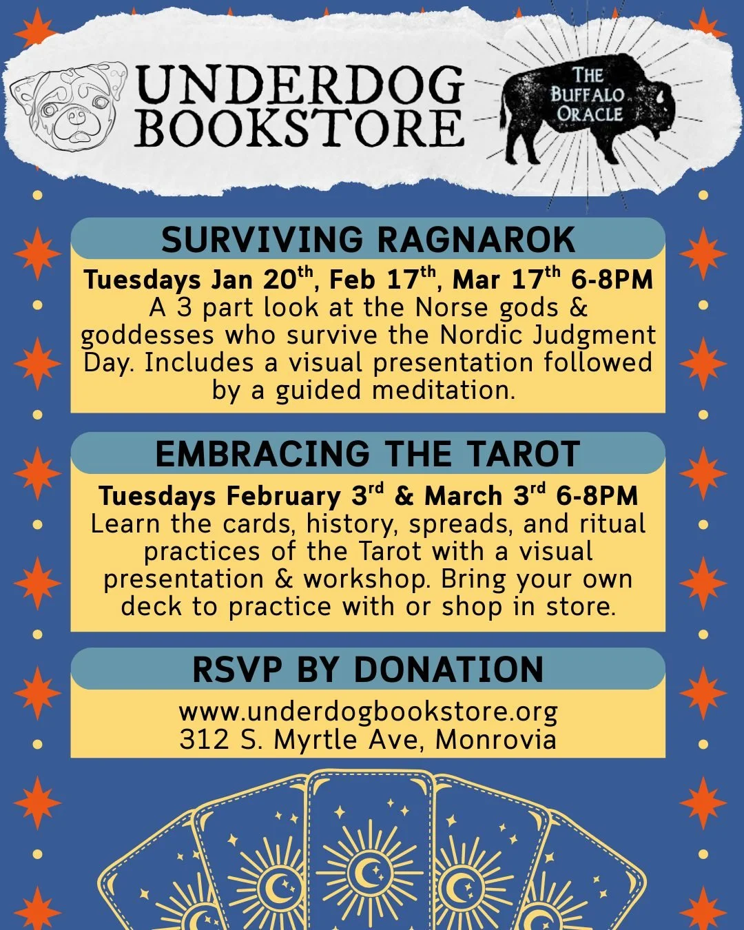 Join our upcoming workshops with Andy, @thebuffalooracle at Underdog Bookstore! 📚🏳️&zwj;🌈🐃 

✨ SURVIVING RAGNAROK 
🗓 Tuesdays January 20th, February 17th &amp; March 17th, 6-8PM 
A 3 part look at the Norse gods and goddesses who survive the Nord
