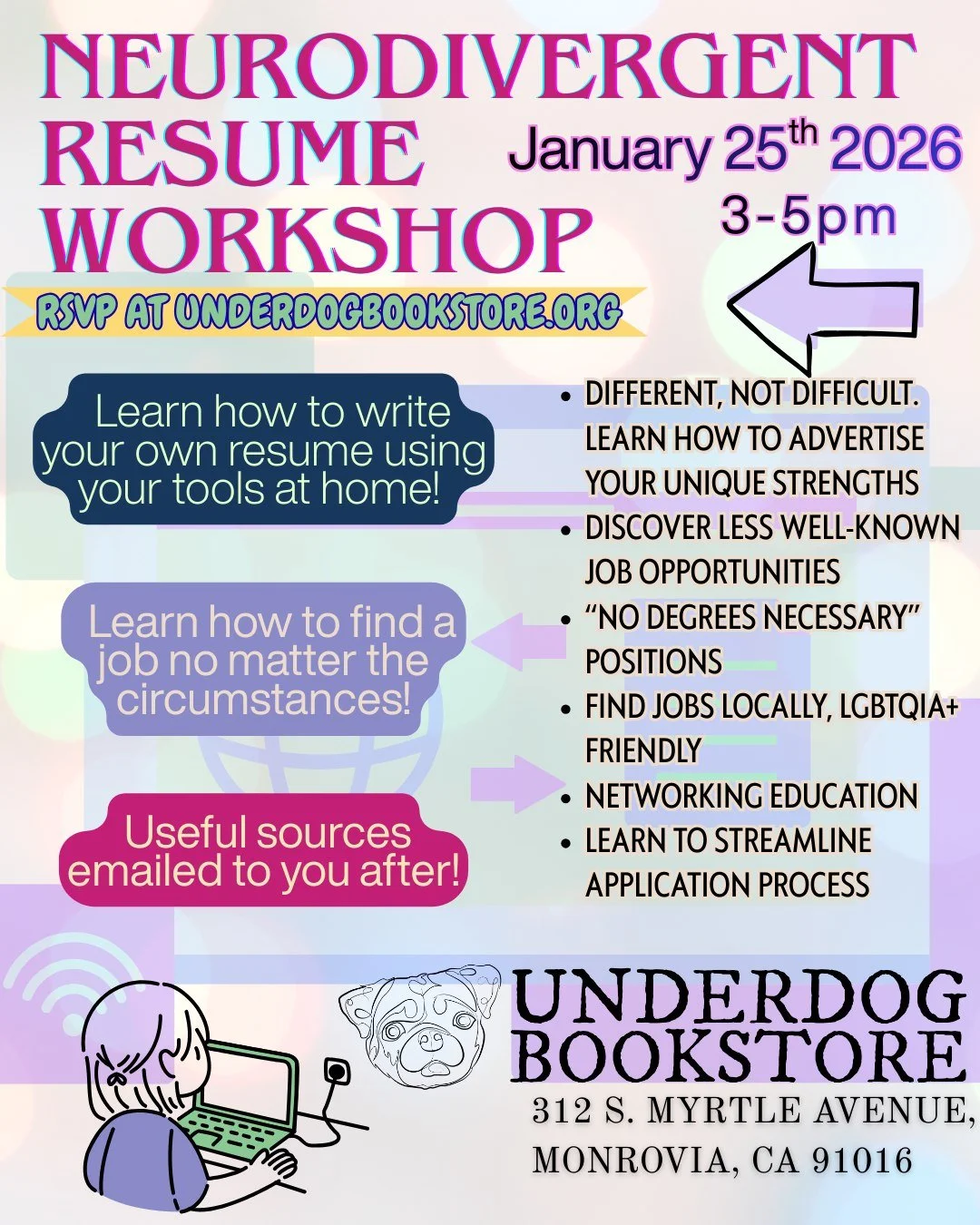 Join us for a practical, judgment‑free resume workshop created with neurodivergent job seekers in mind! 

✏ Learn how to write your own resume using your tools at home
✏ Learn how to find a job no matter the circumstances 
✏ Learn how to advertise yo