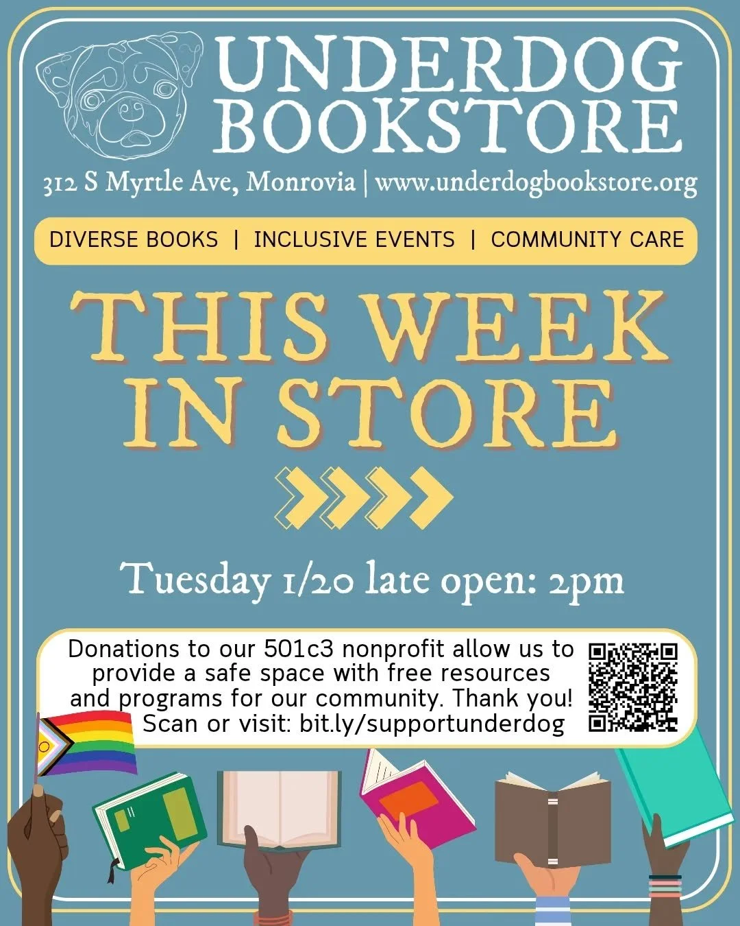 Norse Gods, banned books, crochet &amp; more this week in store 📚🏳️&zwj;🌈🐶

💛 Tuesday: 2PM-8PM
6PM: Surviving Ragnarok with @thebuffalooracle

🧡 Wednesday: 10AM-9PM&nbsp;
7PM: Banned Books Club&nbsp;

❤️ Thursday: 10AM-5:30PM

💚 Friday: 10AM-8