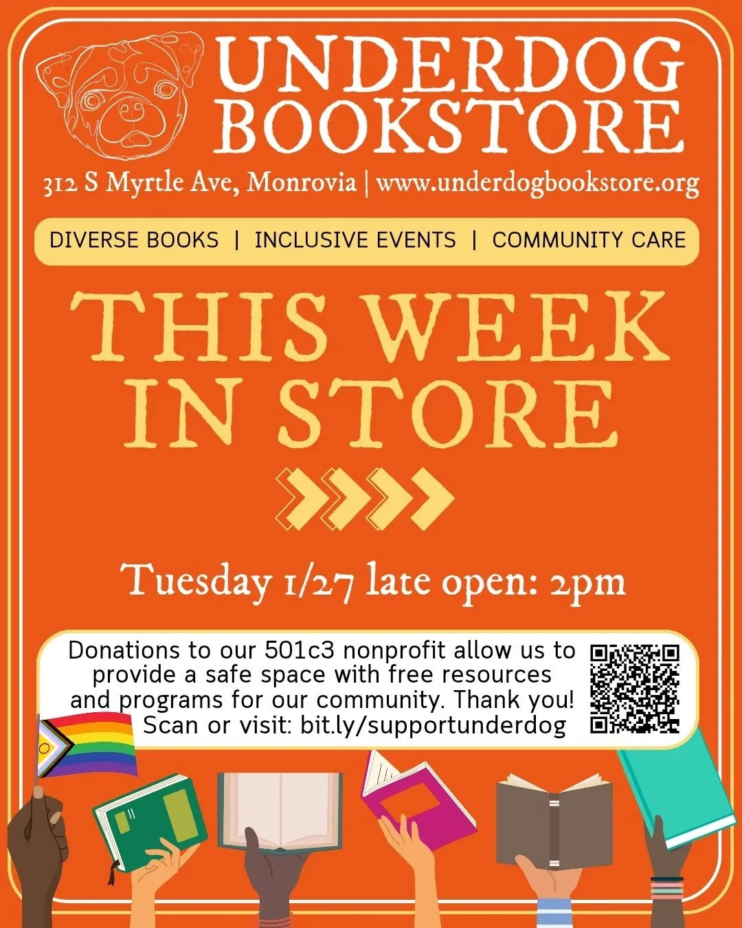 Author meetup, art exhibit, fantasy panel &amp; more this week in store 📚🏳️&zwj;🌈🐶

💛 Tuesday: 2PM-7PM

🧡 Wednesday: 10AM-8PM&nbsp;
6PM: Local Authors Meetup&nbsp;

❤️ Thursday: 10AM-5:30PM

💚 Friday: 10AM-8PM&nbsp;
4PM: Crochet Classes ($10) 