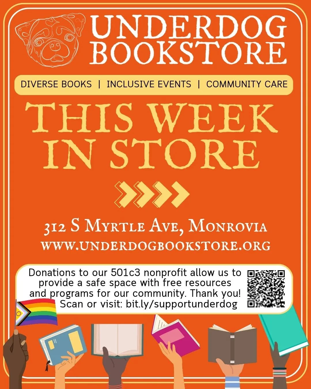 Banned Books, Open Mic, Grief Circle and more this week in store 📚🏳️&zwj;🌈🐶

💛 Tuesday: 10AM-8PM&nbsp;
6PM: Surviving Ragnarok with @thebuffalooracle&nbsp;

🧡 Wednesday: 10AM-9PM&nbsp;
7PM: Banned Books Club

❤️ Thursday: 10AM-5:30PM

💚 Friday