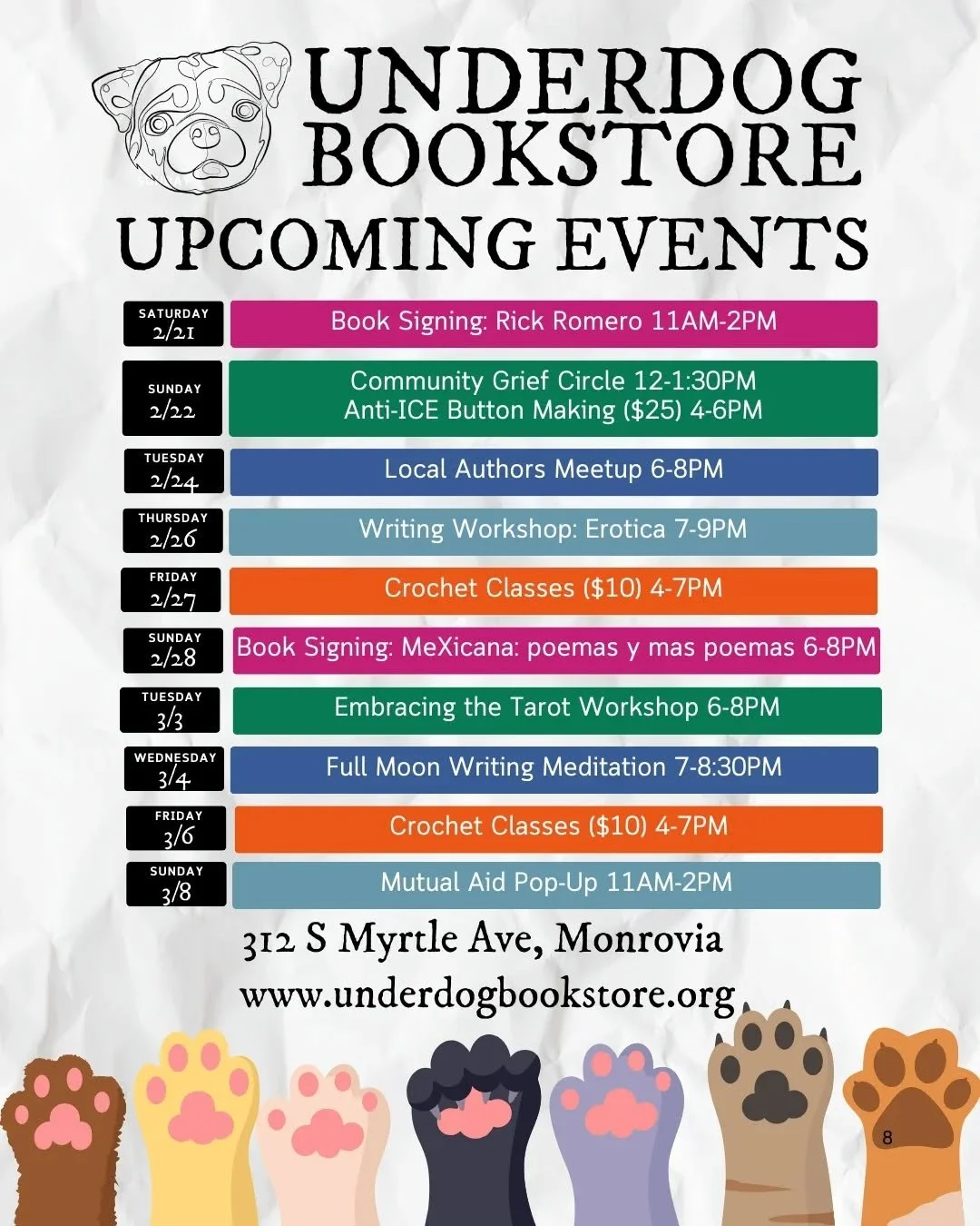 There's something for everyone at Underdog Bookstore 📚🏳️&zwj;🌈🐶

Saturday 2/21: Book Signing with @romerorickya 11AM-2PM 

Sunday 2/22: Community Grief Circle @abejarise 12-1:30PM 
Anti-ICE Button Making with @mexica.empire 4-6PM 

Tuesday 2/24: 