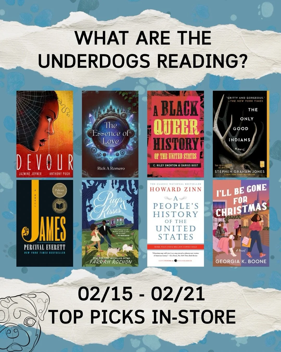 What are the Underdogs reading? Here&rsquo;s your top picks this week from in-store and online at @librofm and @bookshop_org 📚🏳️&zwj;🌈🐶

Slide 1: Top Picks in Store 

DEVOUR by Jazmine Joyner, Illustrated by Anthony Pugh @eyelogikone

THE ESSENCE