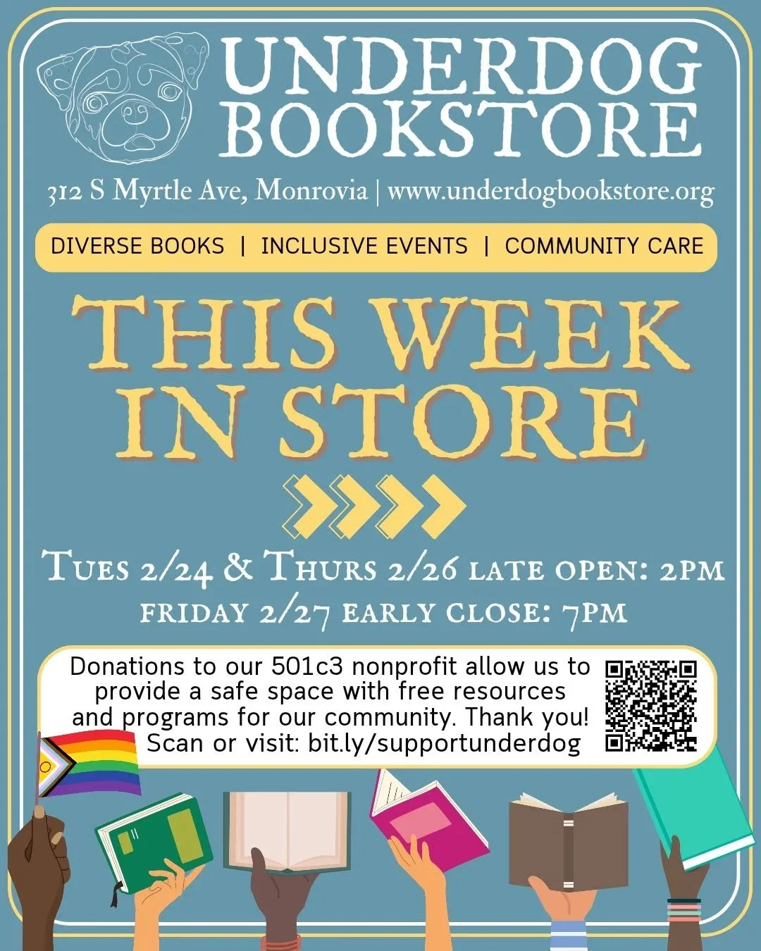 Apologies for the short notice with some changes in hours this week! 

💛 Tuesday: 2PM-8PM 
6PM: Local Authors Meetup 

🧡 Wednesday: 10AM-5:30PM

❤️ Thursday: 2PM-7PM
�7PM: Erotica Writing (18+) @bloodinkbonewriting 

💚 Friday: 10AM-7PM 
4PM: Croch